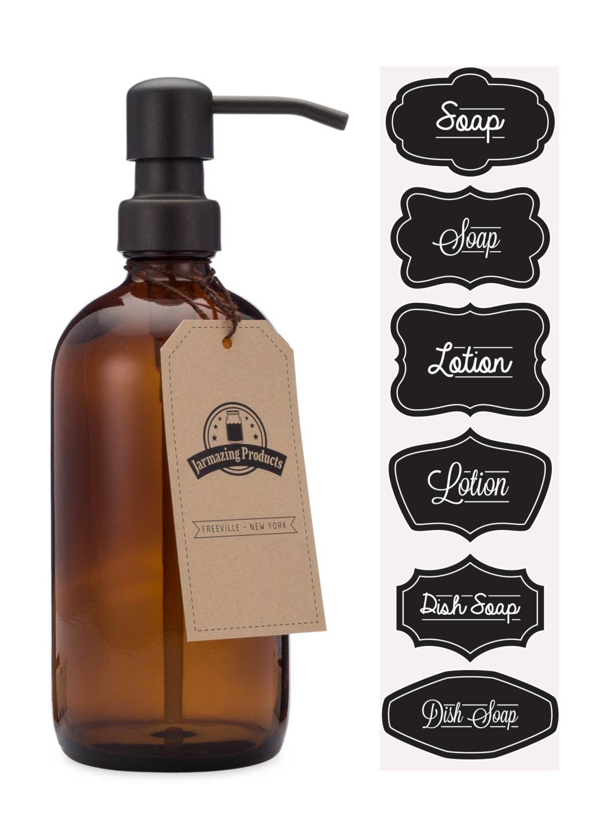 Amber glass 16oz soap dispenser on countertop