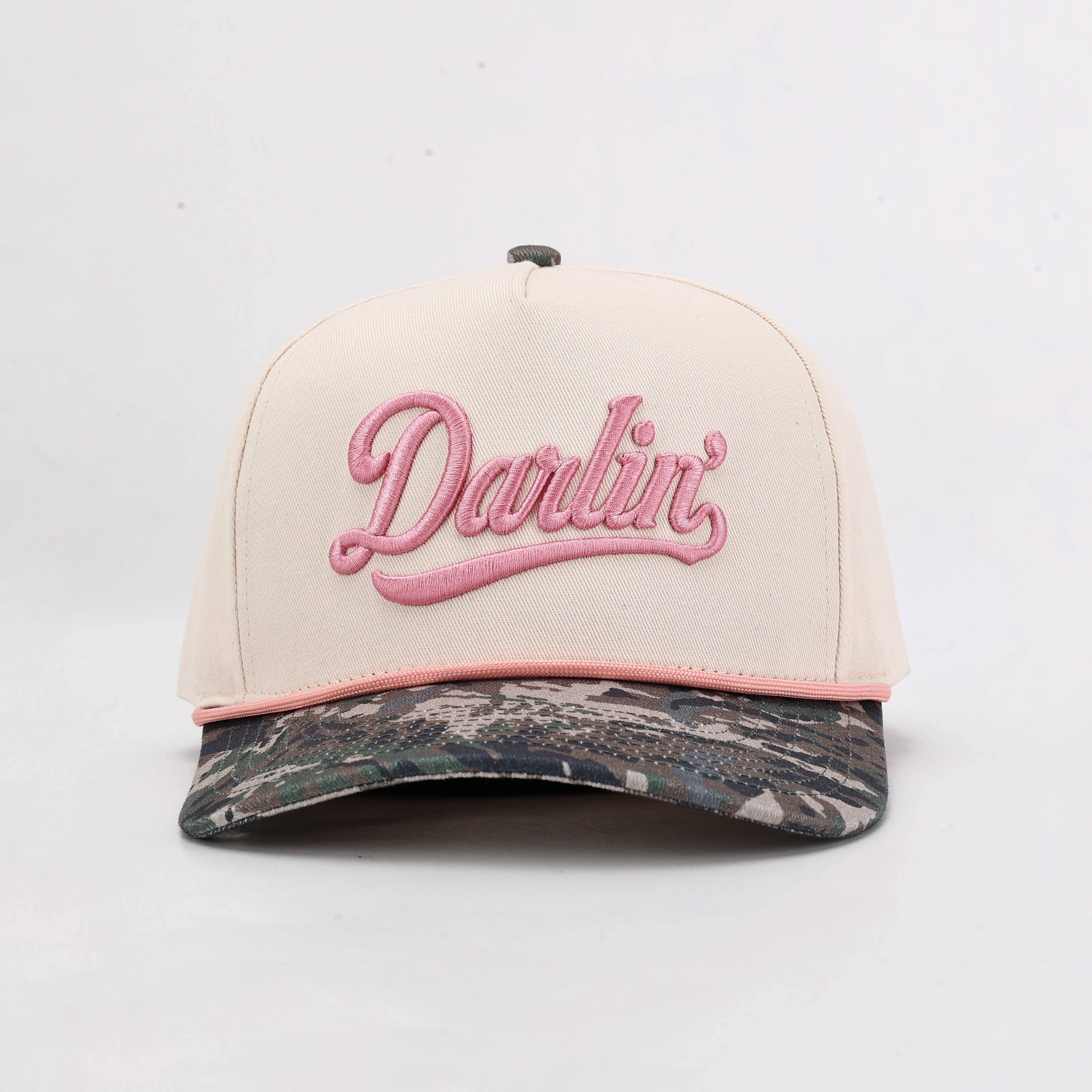 Darlin' Script Hat in cream with camo bill front view