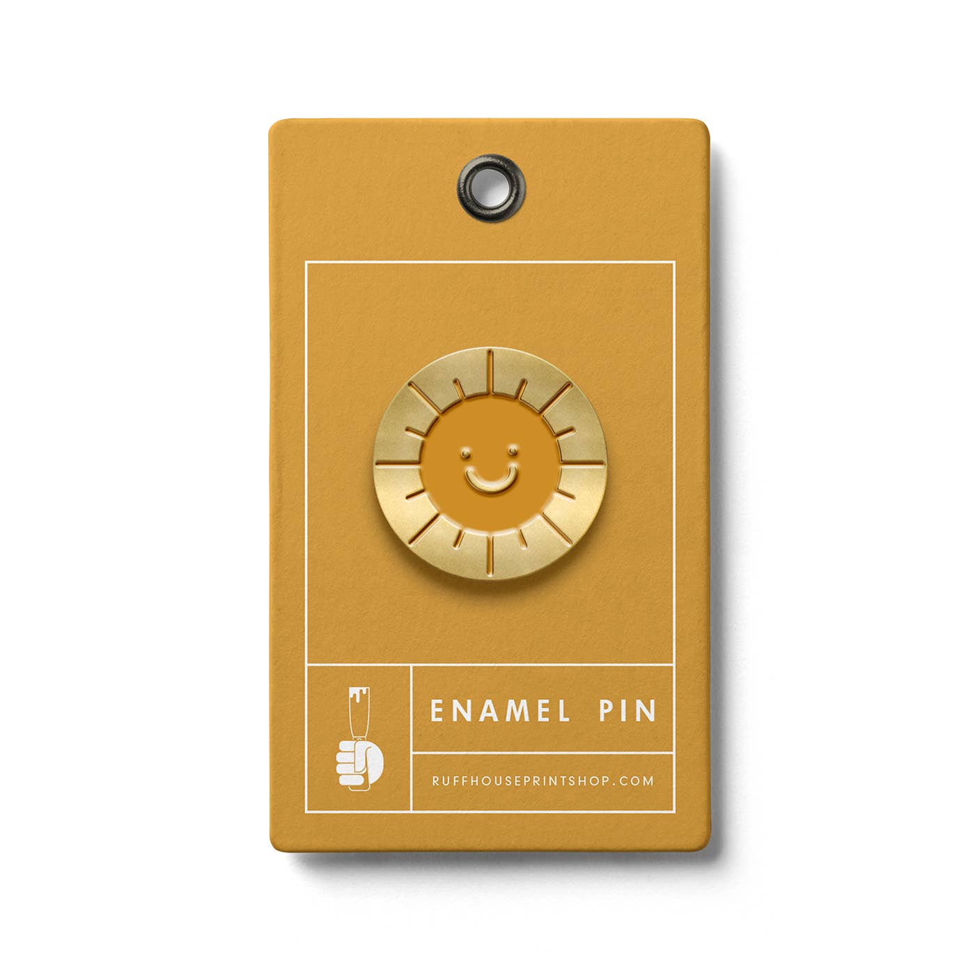 Happy Sun enamel pin with smiling sunshine design