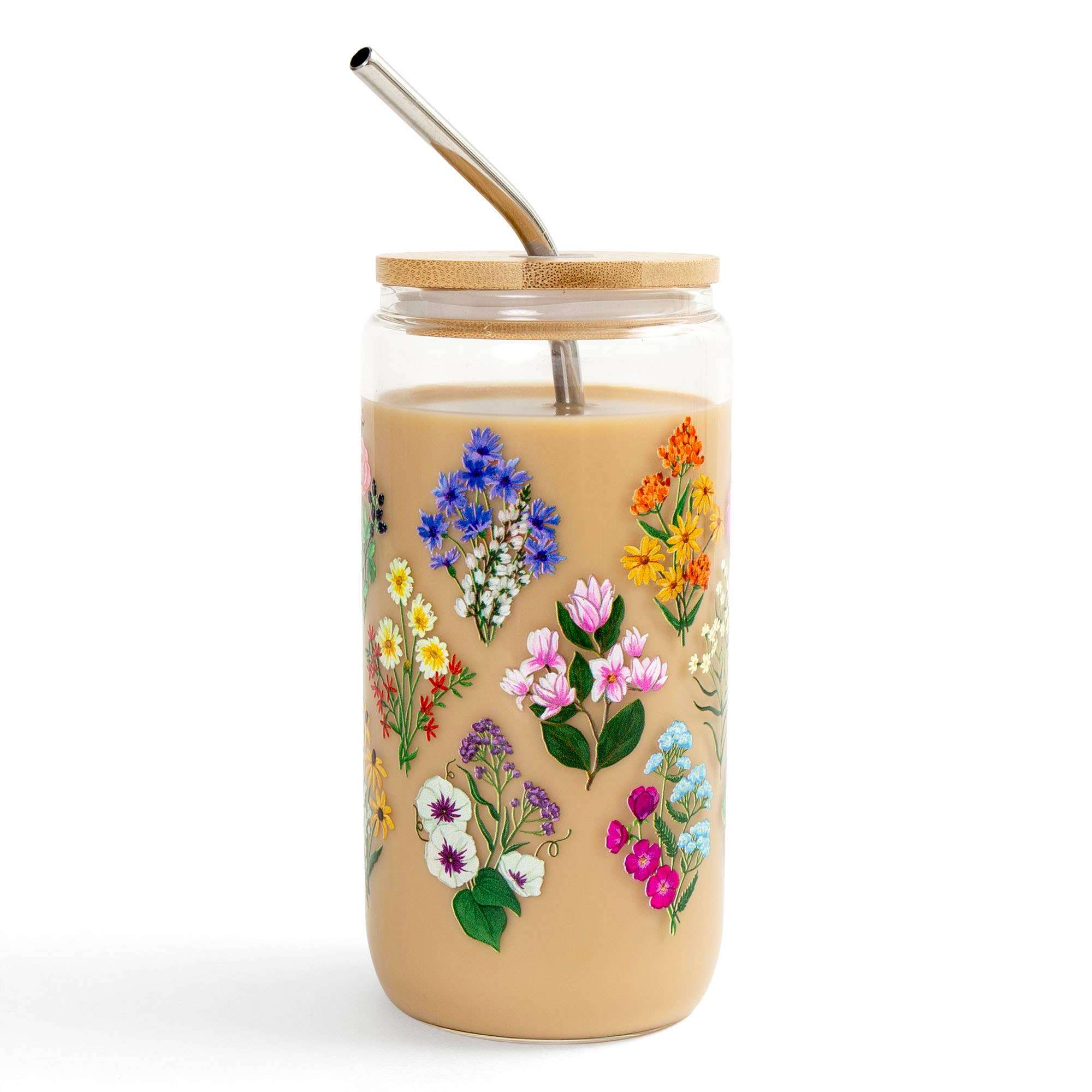 Vintage Blooms floral glass can tumbler front view