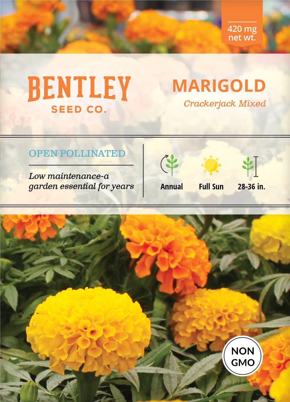 Crackerjack Marigold seed packet with colorful blooms