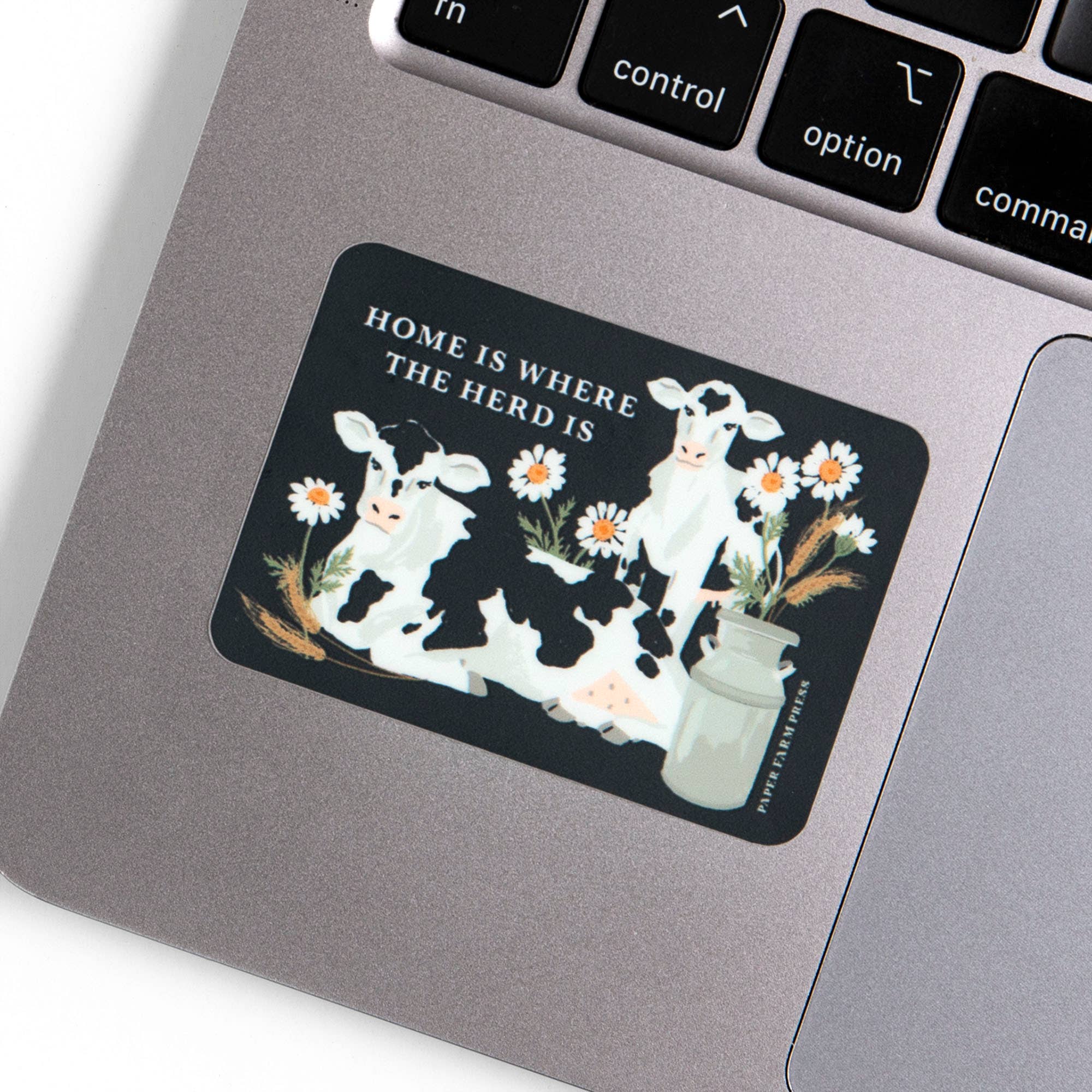 Home Is Where The Herd Is cow decal sticker on display