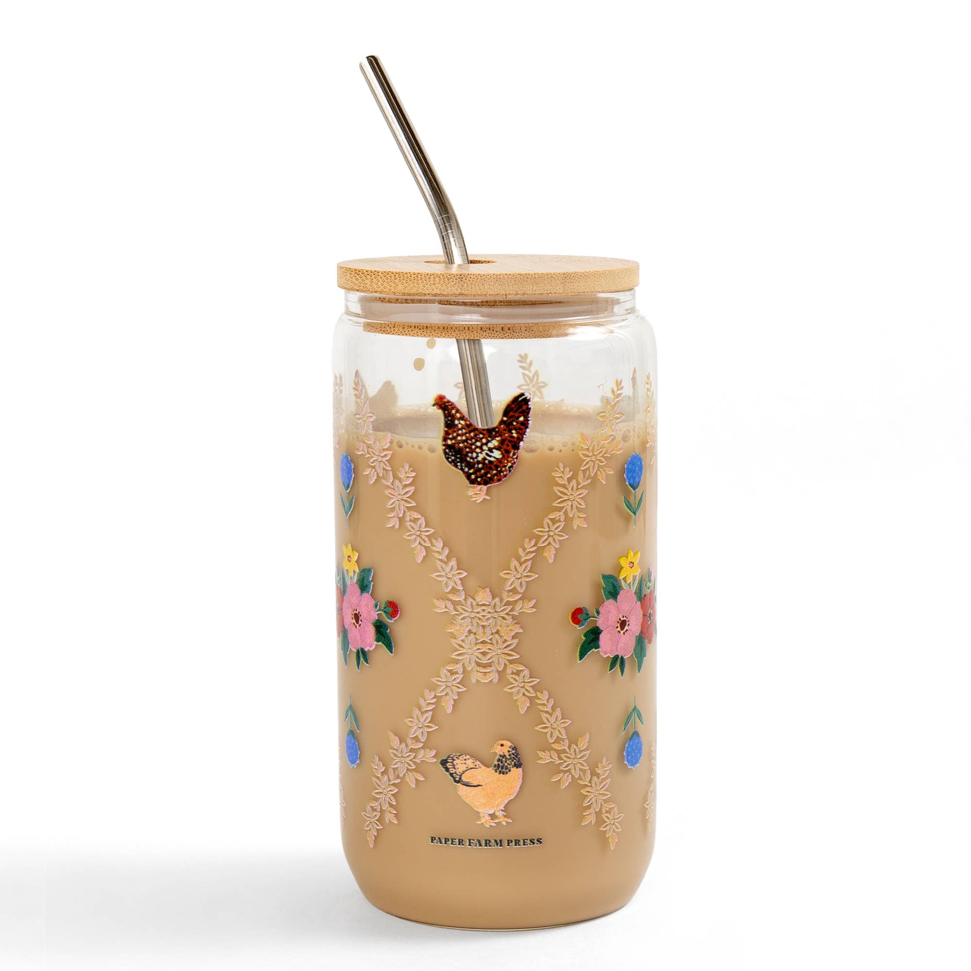 Chickens Folk Floral Glass Can back design view