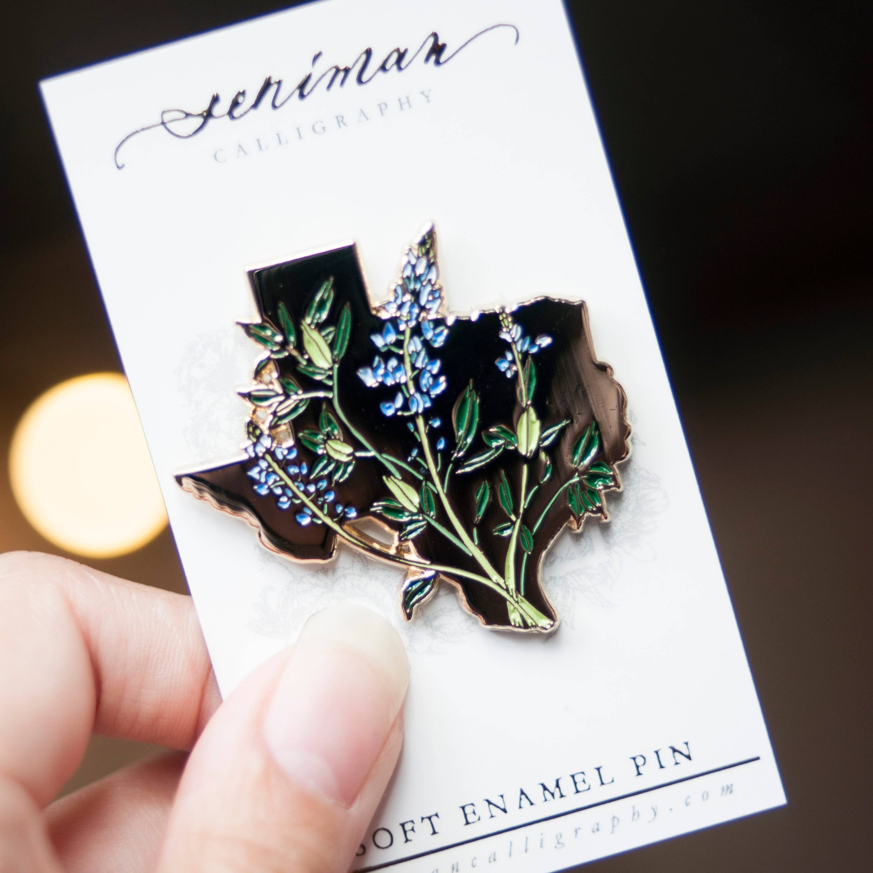 Texas Bluebonnet gold enamel pin detail view