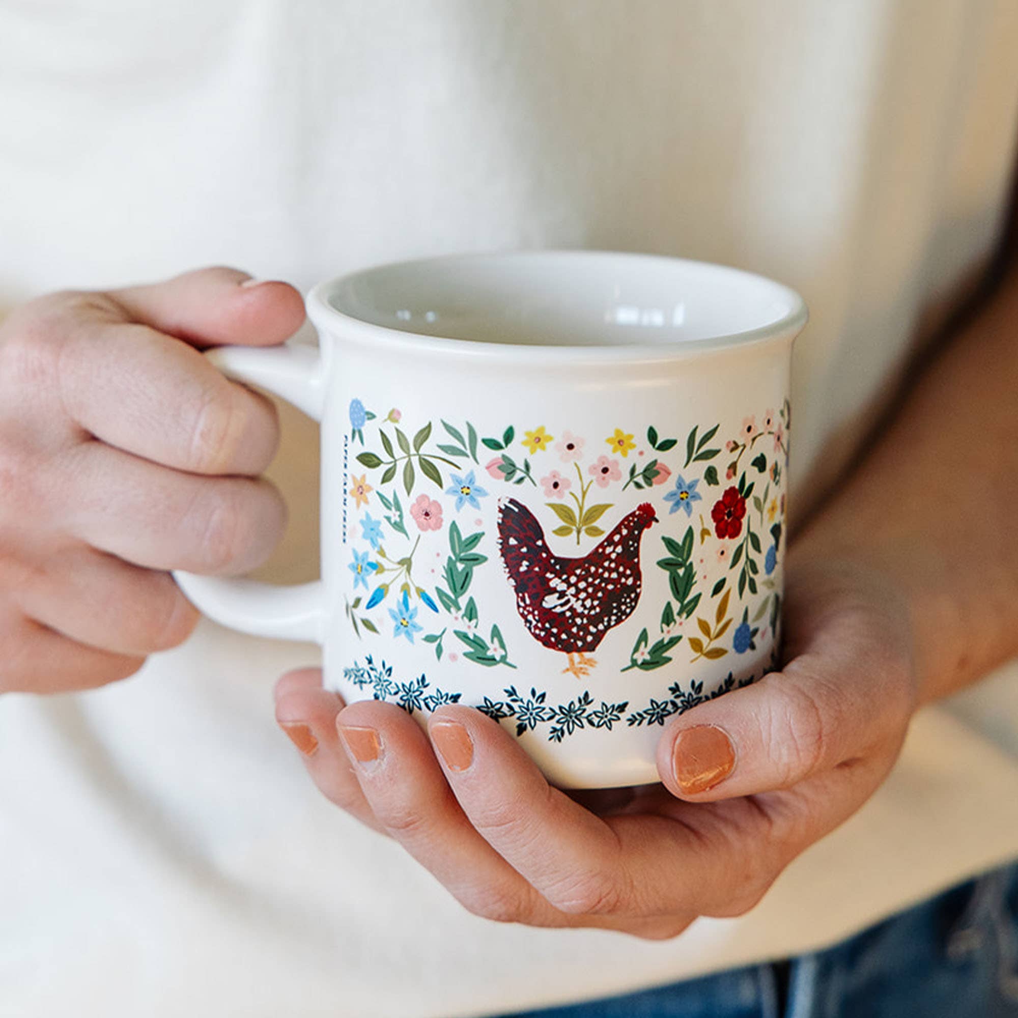 Chickens folk floral ceramic mug with colorful design