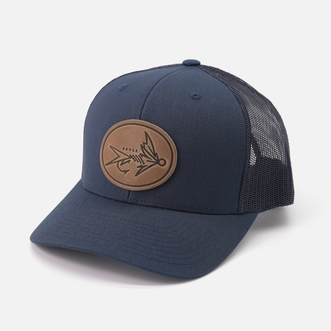 Range Fly Icon Hat leather patch trucker cap side view
