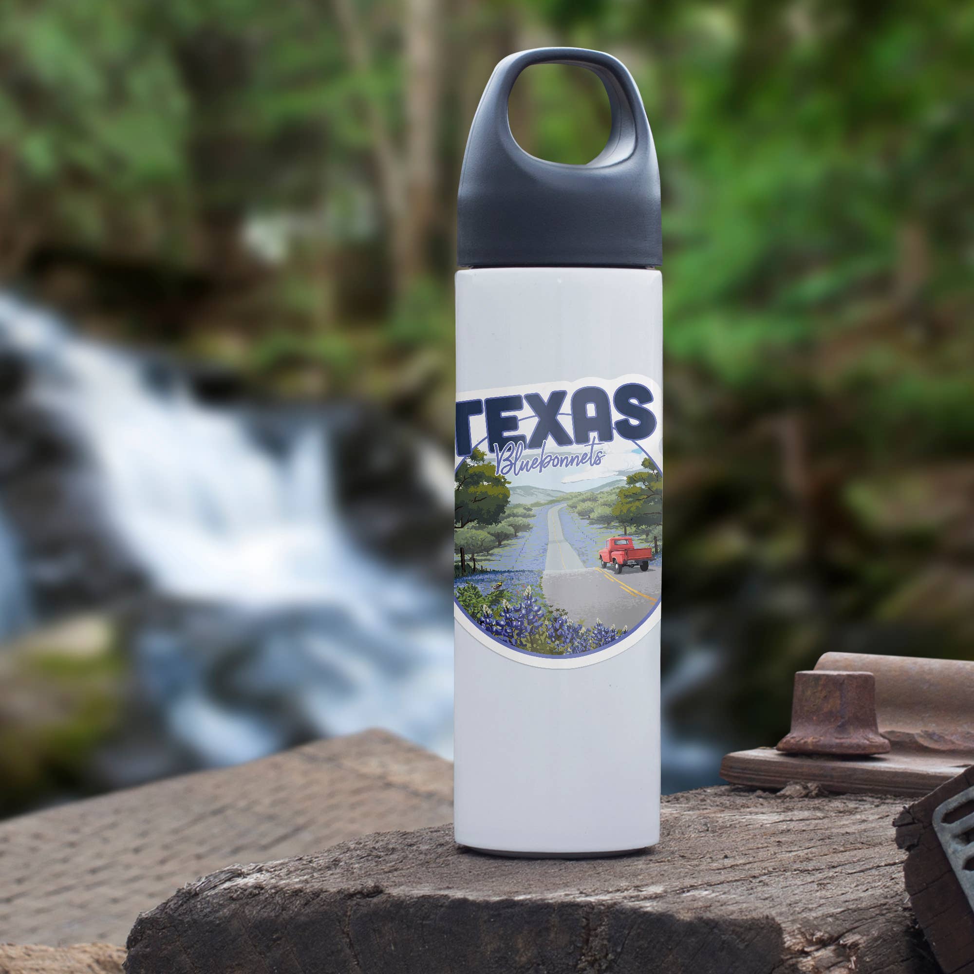 DIE CUT STICKER Texas, Bluebonnets & Highway, Circle