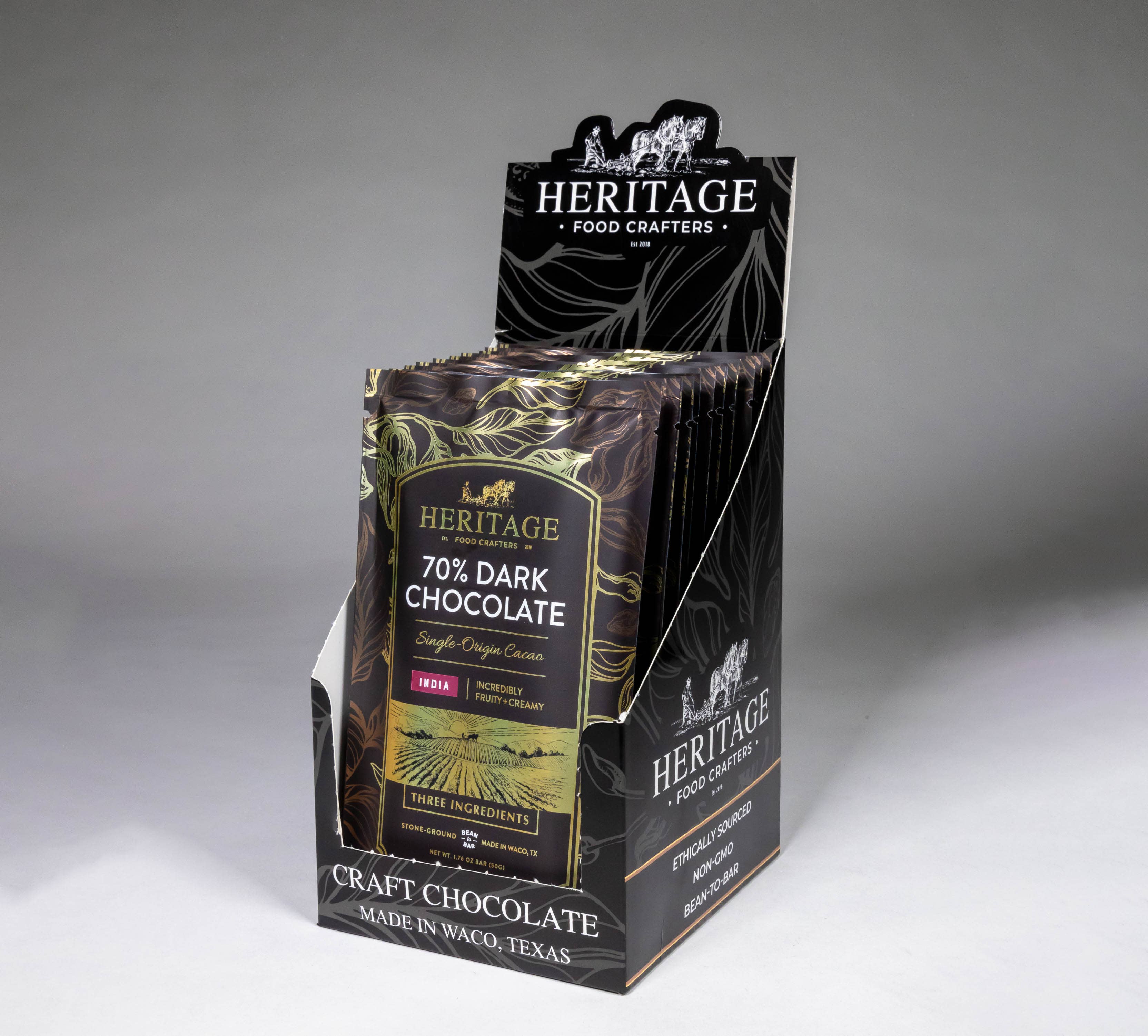70% India Dark 50g craft chocolate bar packaging