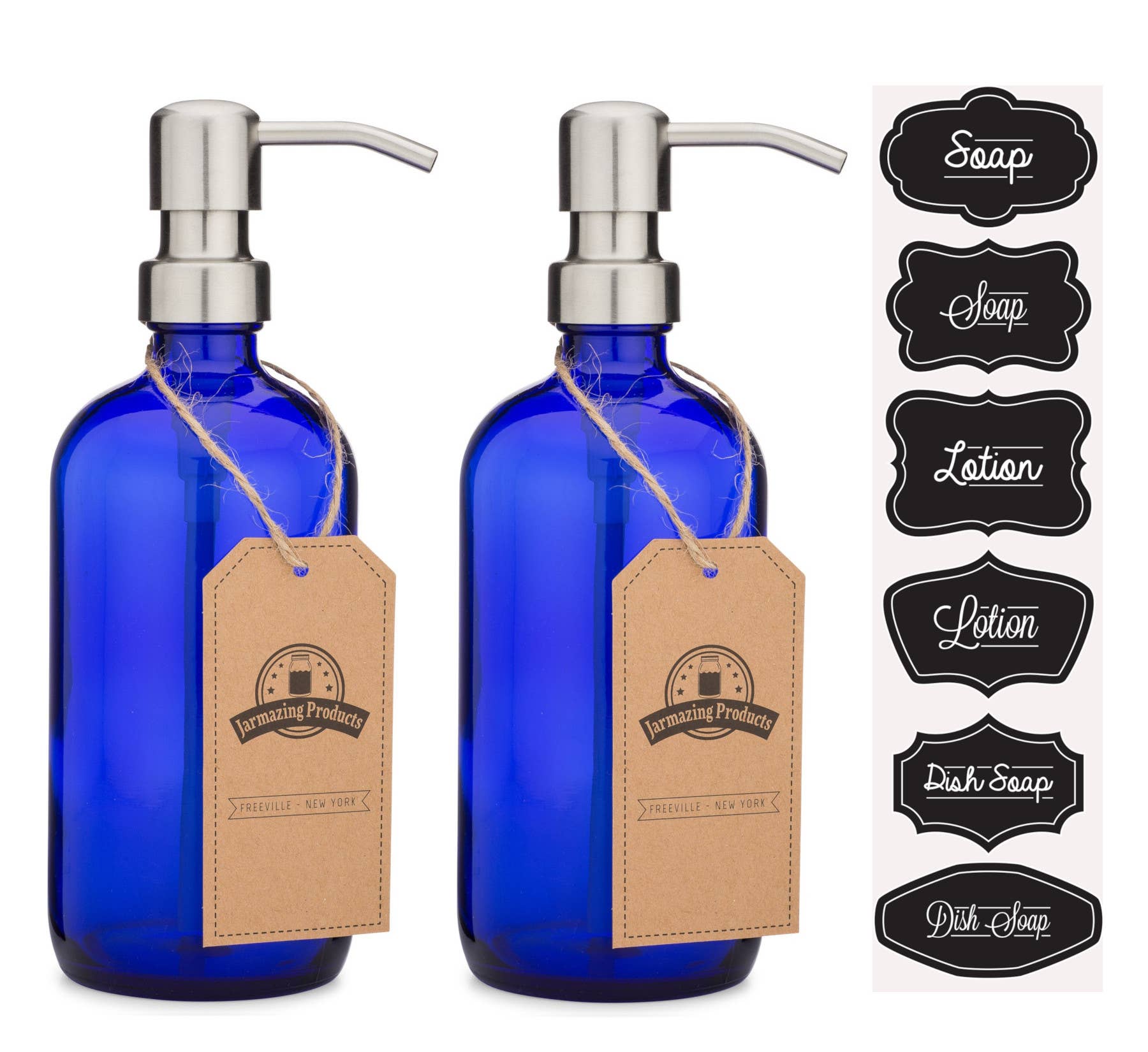 Cobalt blue glass dispenser bottle back view