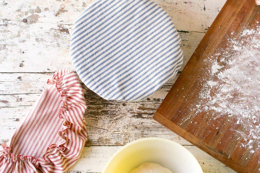 Reusable Bowl Cover in Ticking Stripes on a bowl