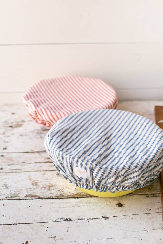 Reusable Bowl Cover in Ticking Stripes fabric close-up