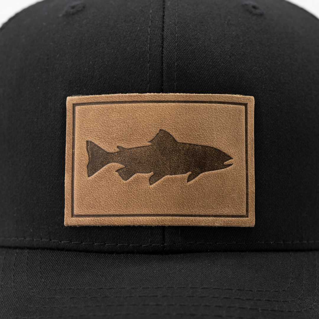 Trout leather patch trucker cap back mesh detail