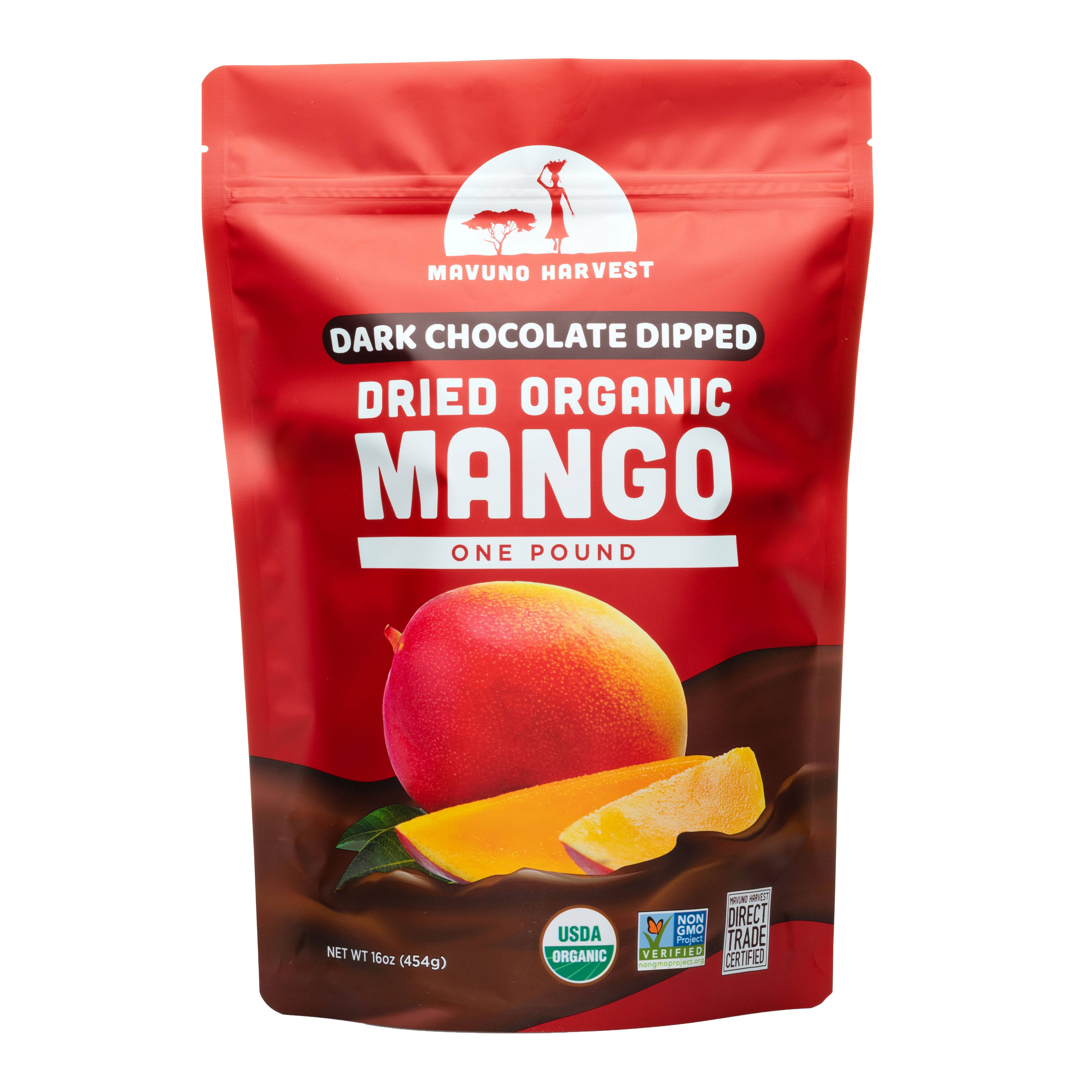 Organic dark chocolate dipped dried mango snack display