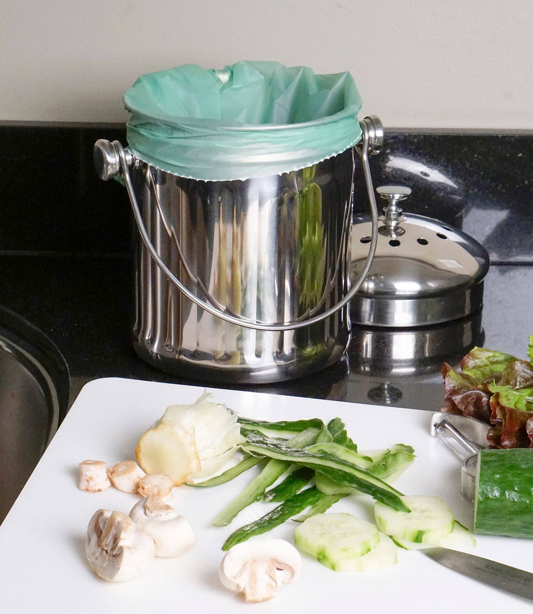 Small compost pail half gallon with lid open