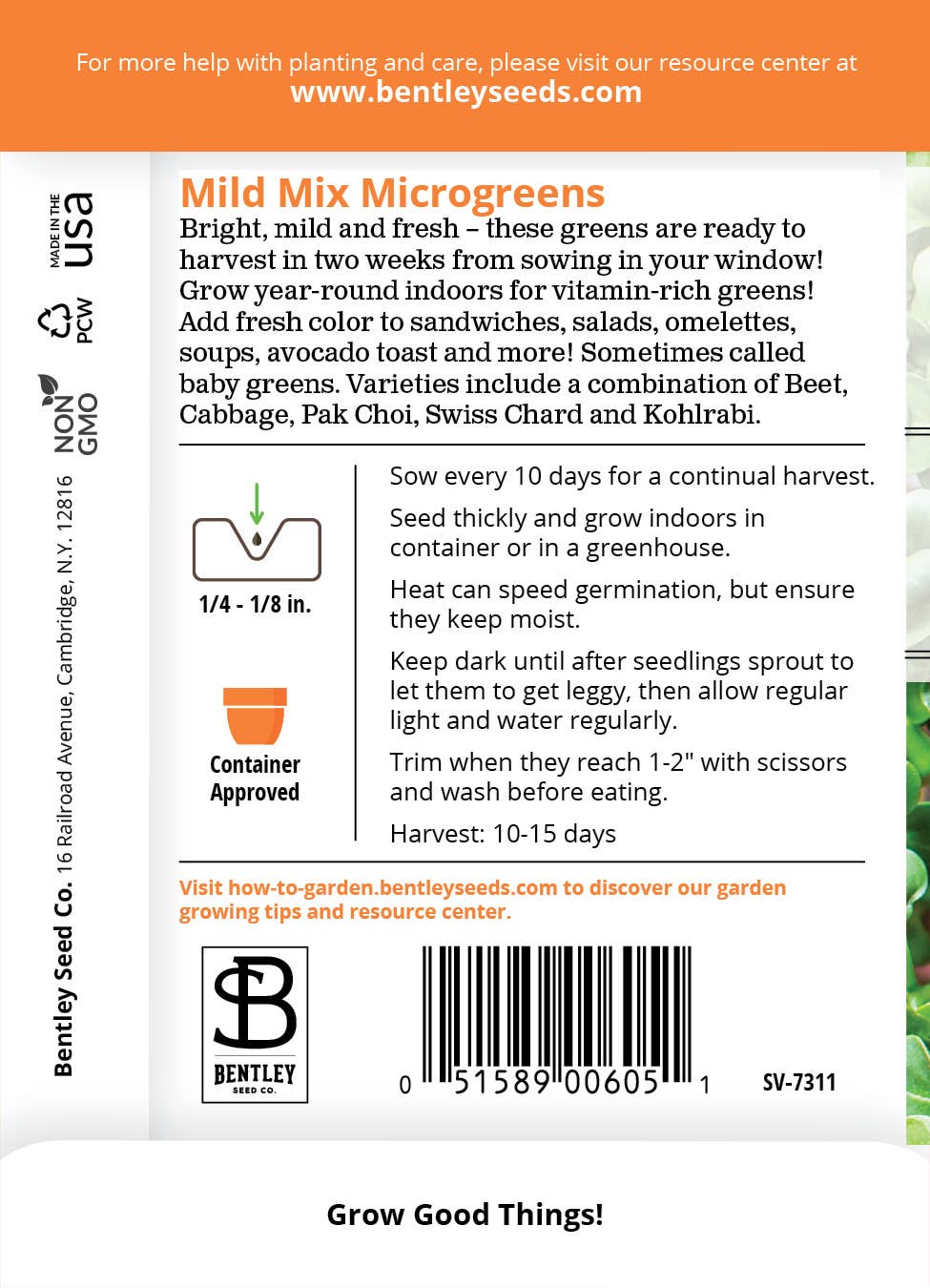 Microgreens Mild Mix seed packet back with planting info