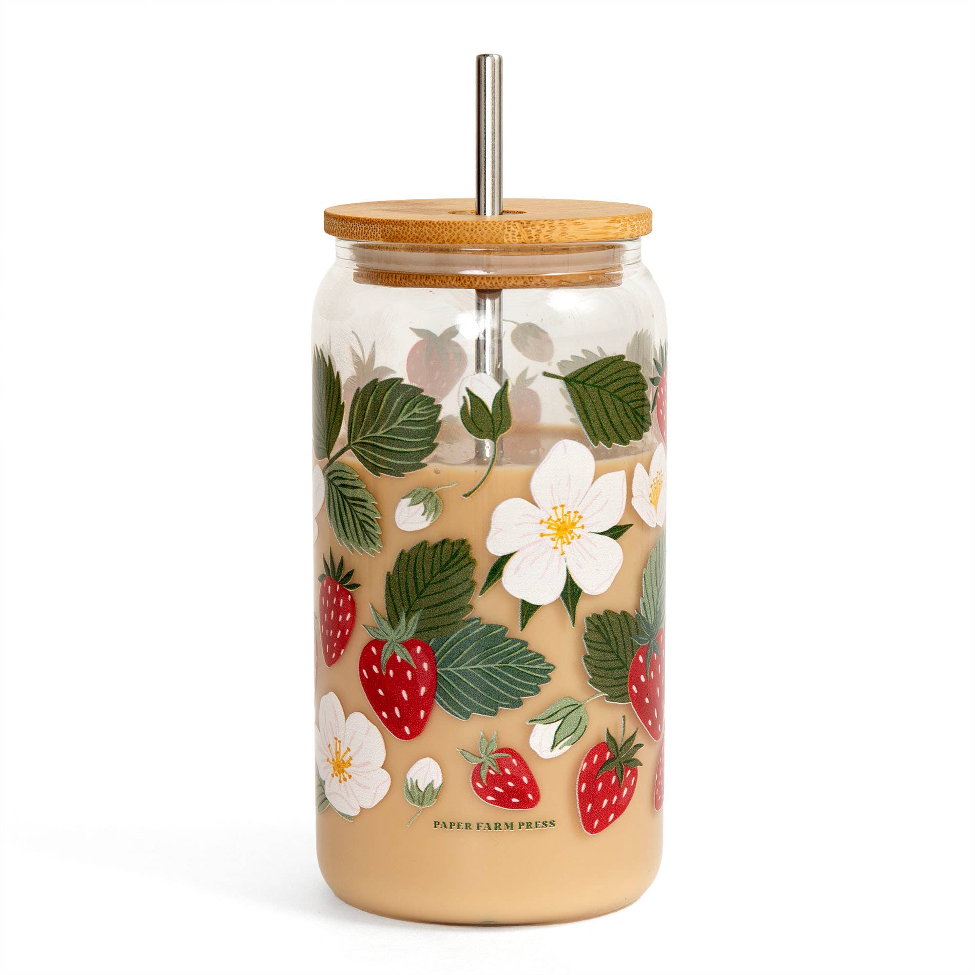 Strawberry Patch glass can showing bamboo lid