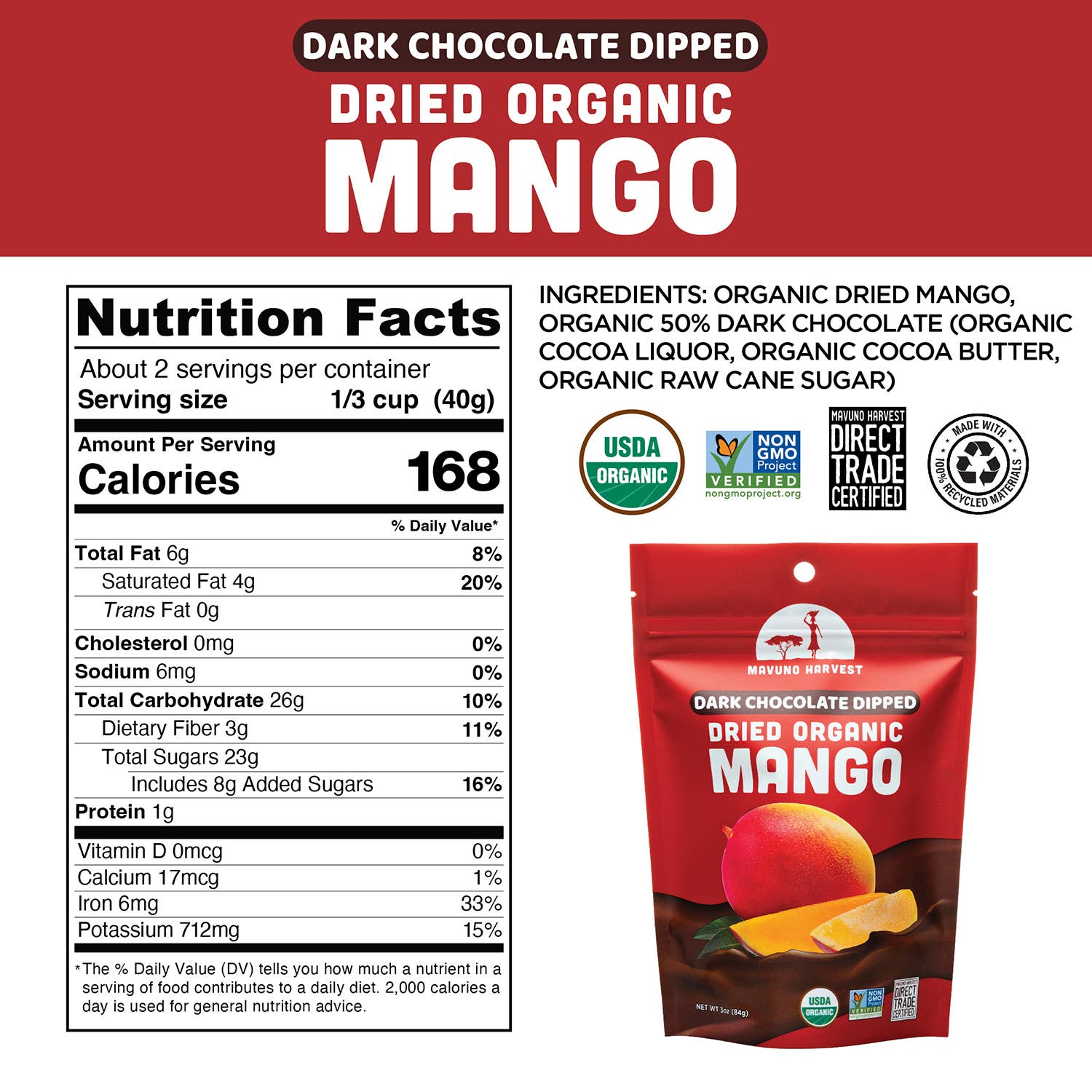 Organic dark chocolate dipped dried mango lifestyle shot