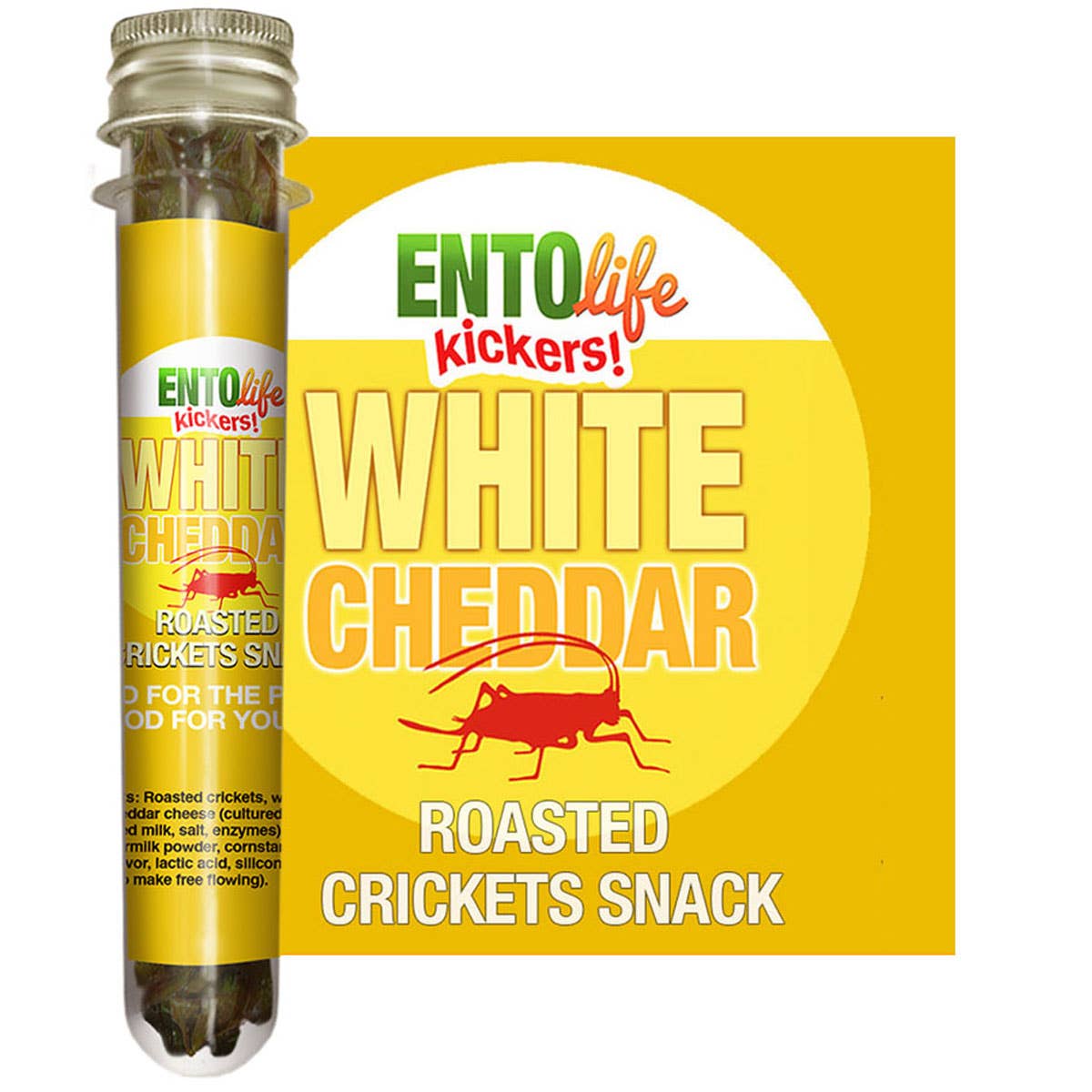 Mini-Kickers White Cheddar Flavored Cricket Snacks front of bag