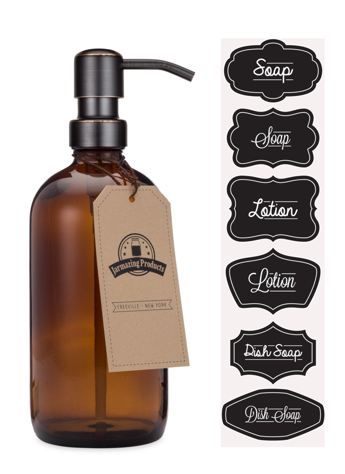 Amber glass 16oz soap dispenser bottle close-up