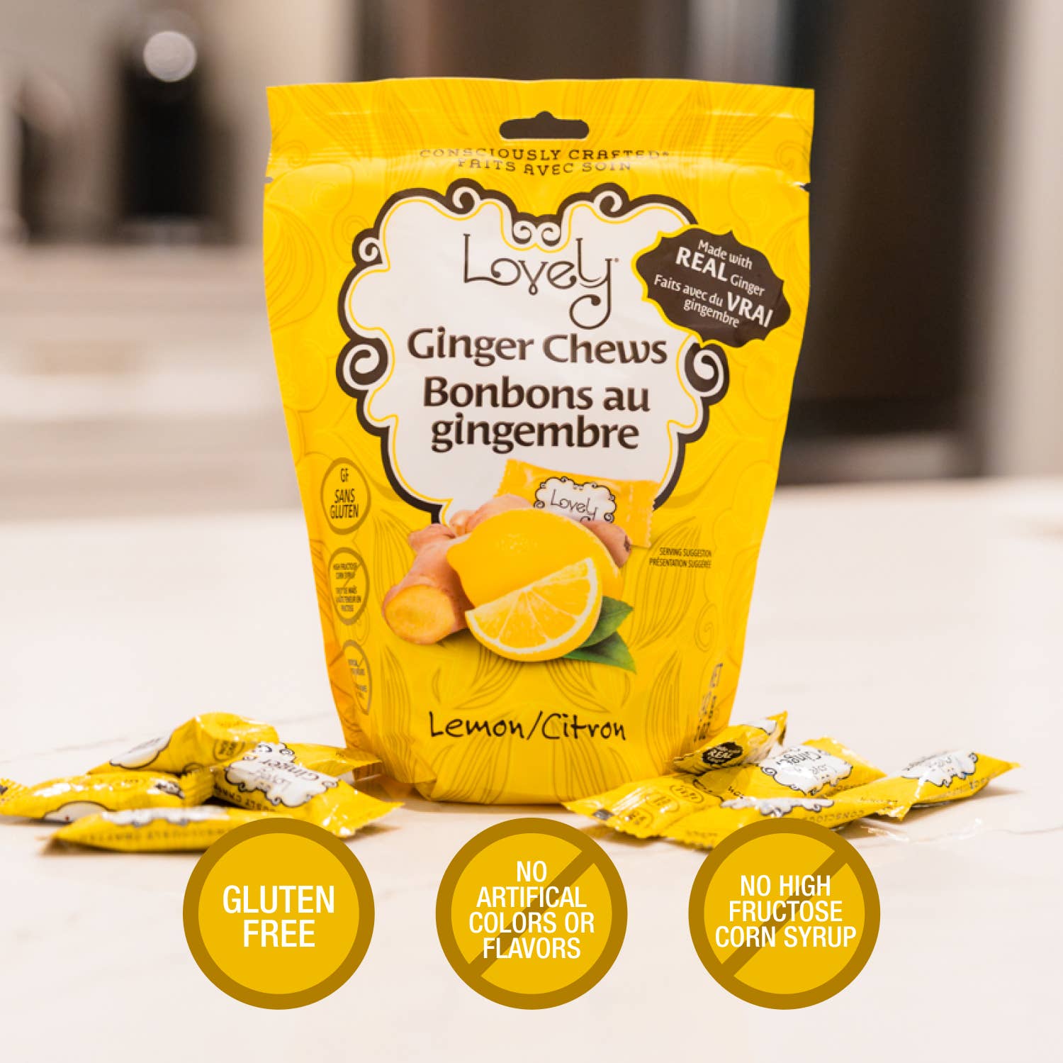 Lemon Ginger Chews candy bag back with ingredients