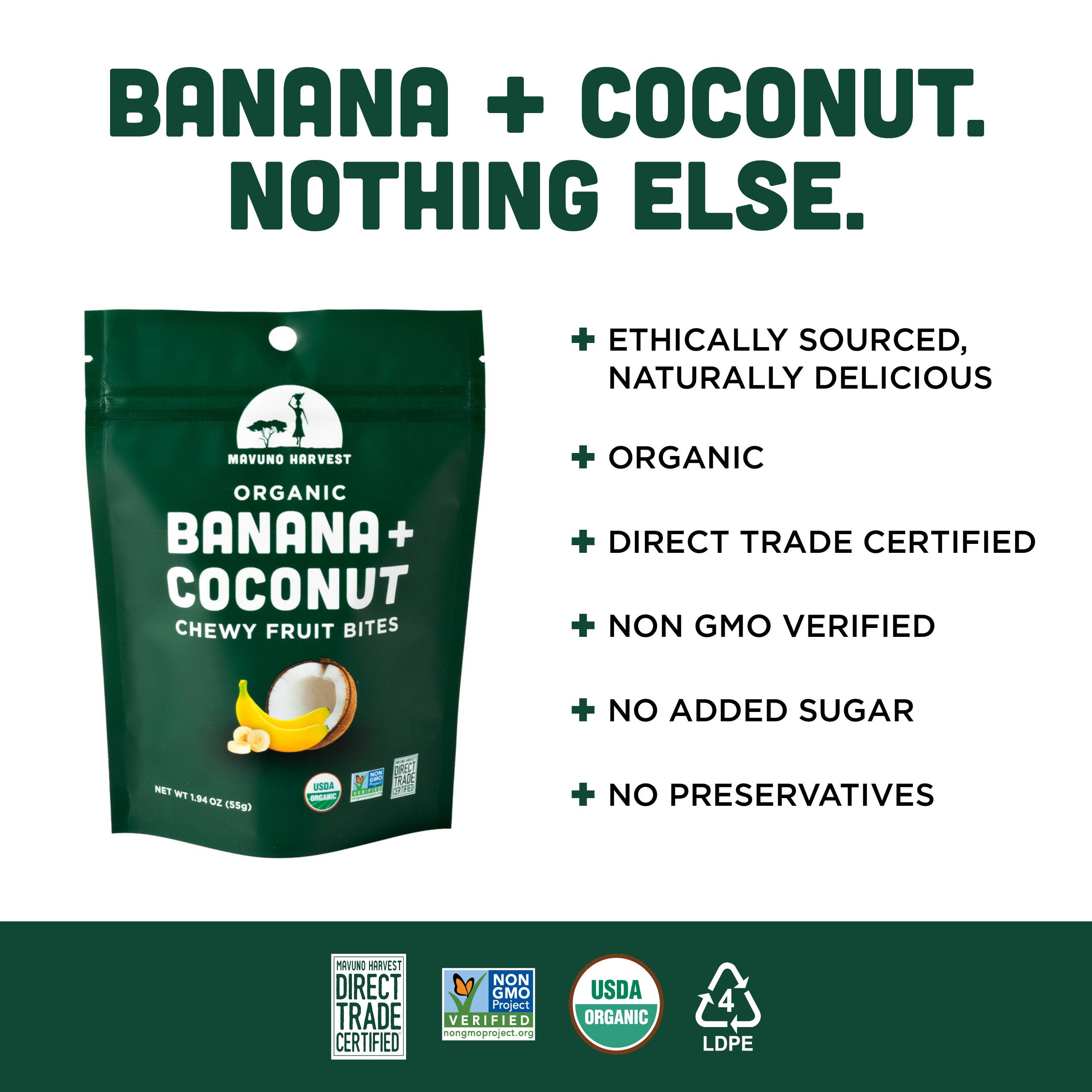 Organic banana and coconut fruit bites back label