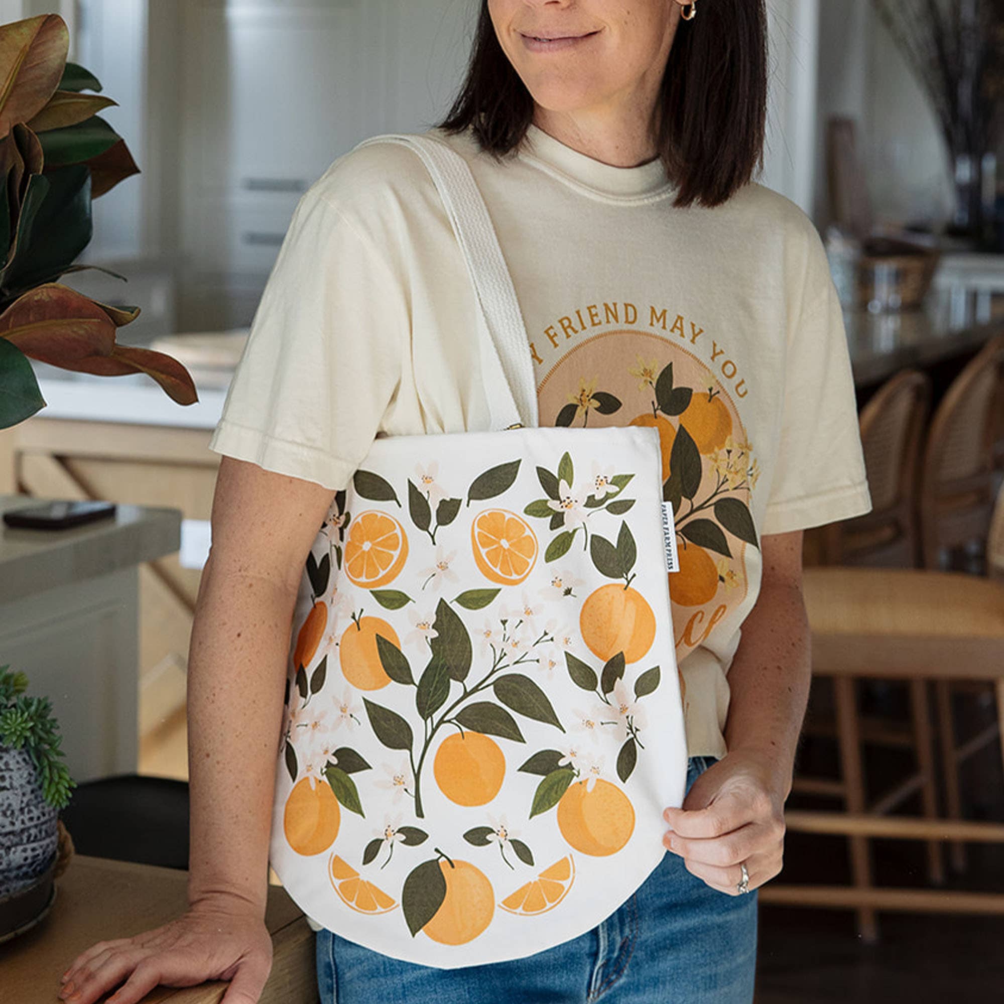 Orange Orchard canvas tote bag with citrus print