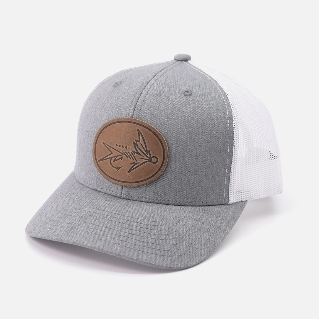 Range Fly Icon Hat leather patch trucker cap front view