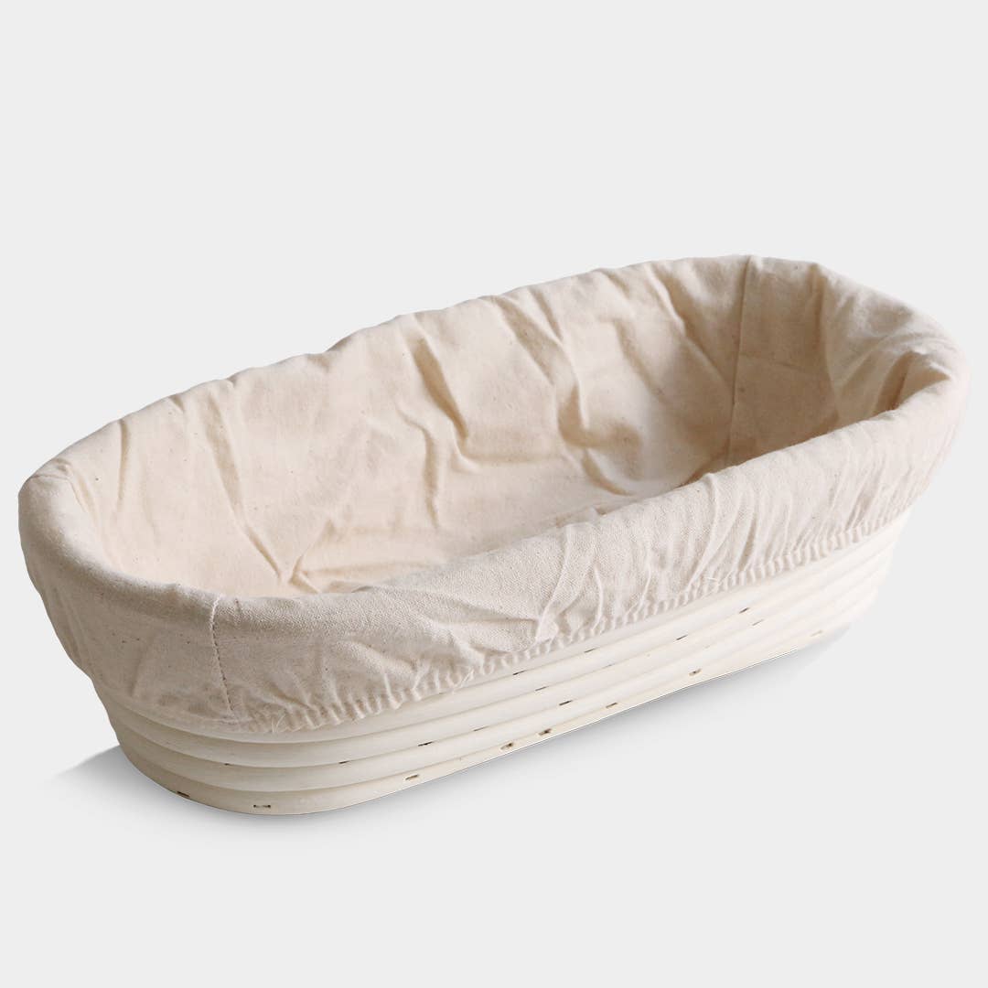 Oblong proofing basket and liner close-up view