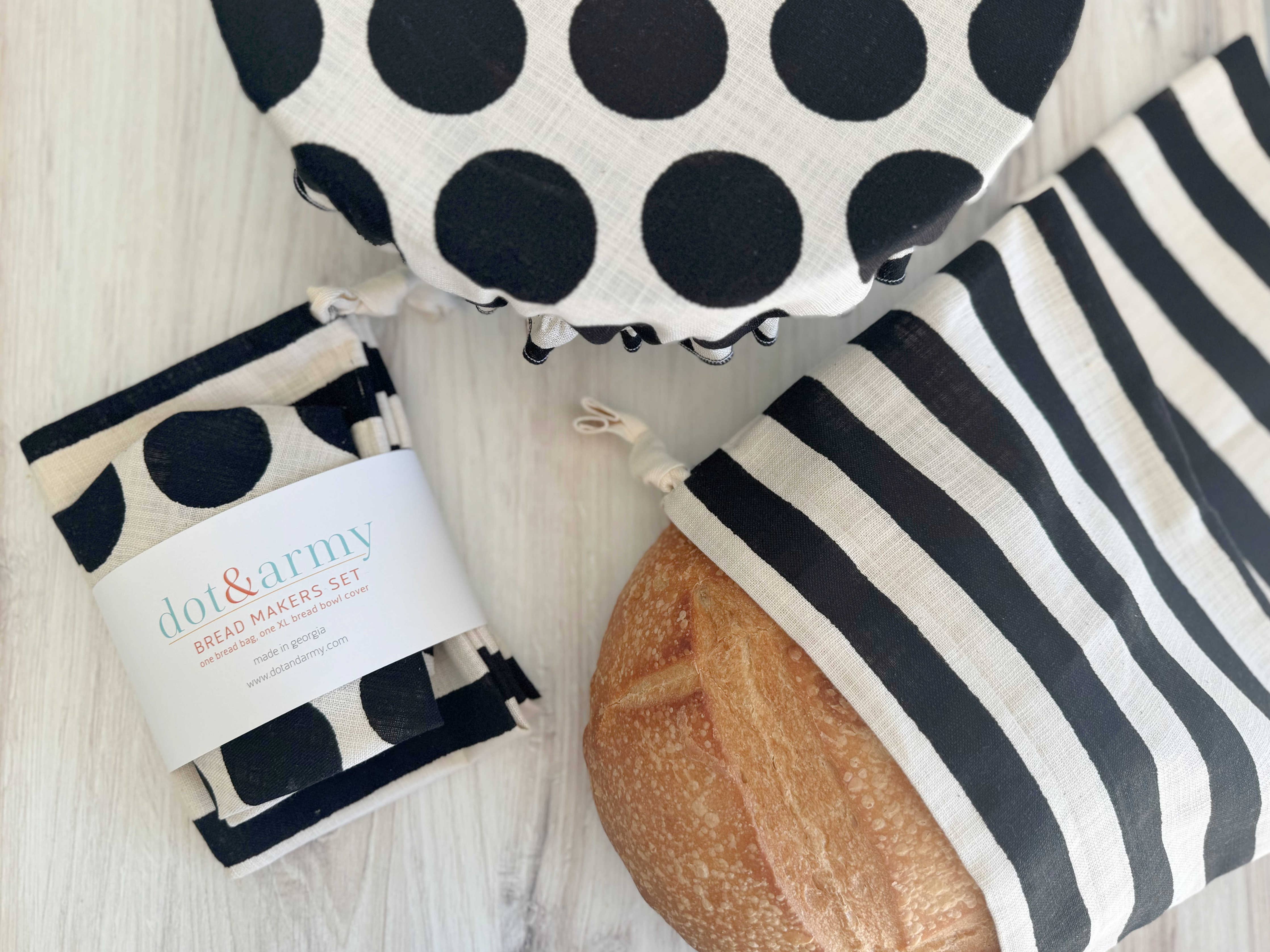 Black Dot and Stripe Bread Makers Set with loaf