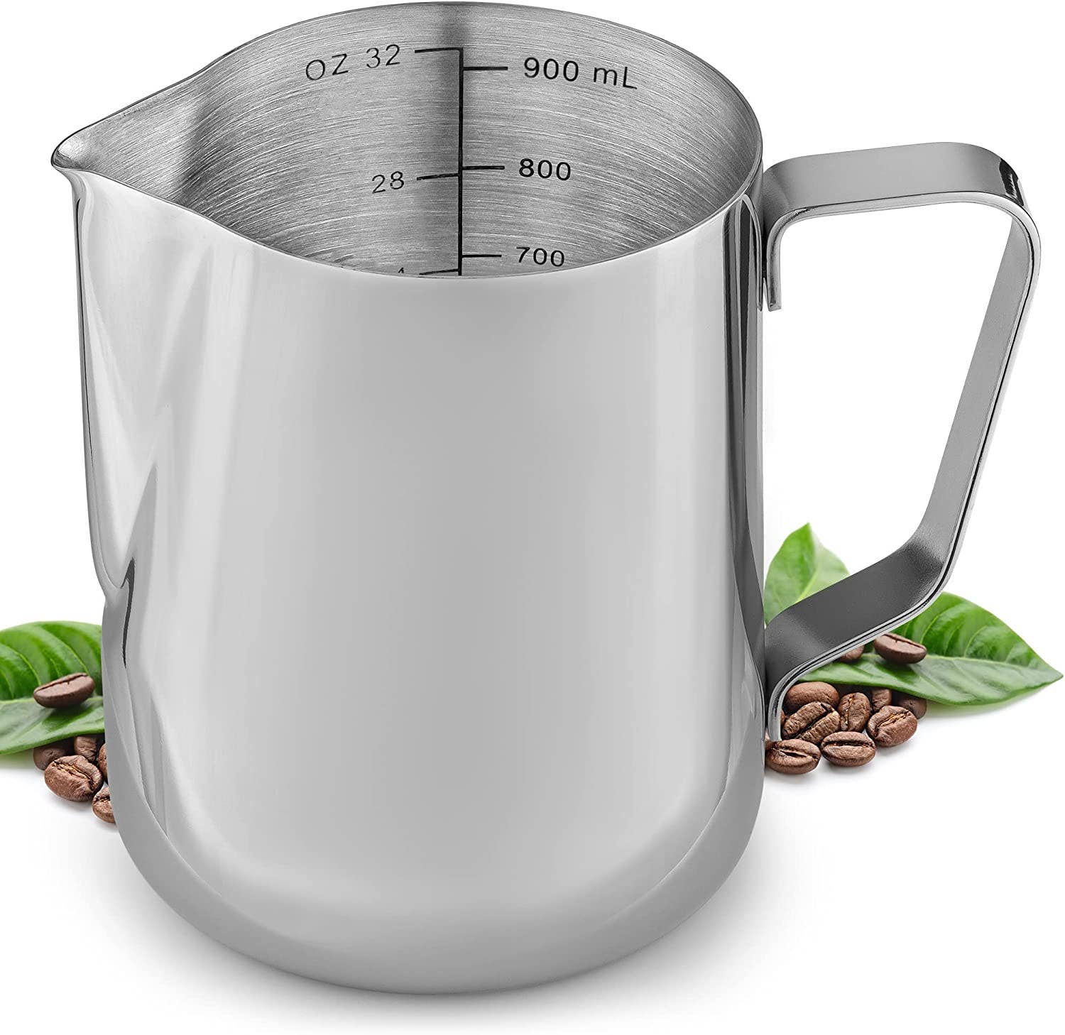 Stainless steel frothing pitcher in use for milk frothing