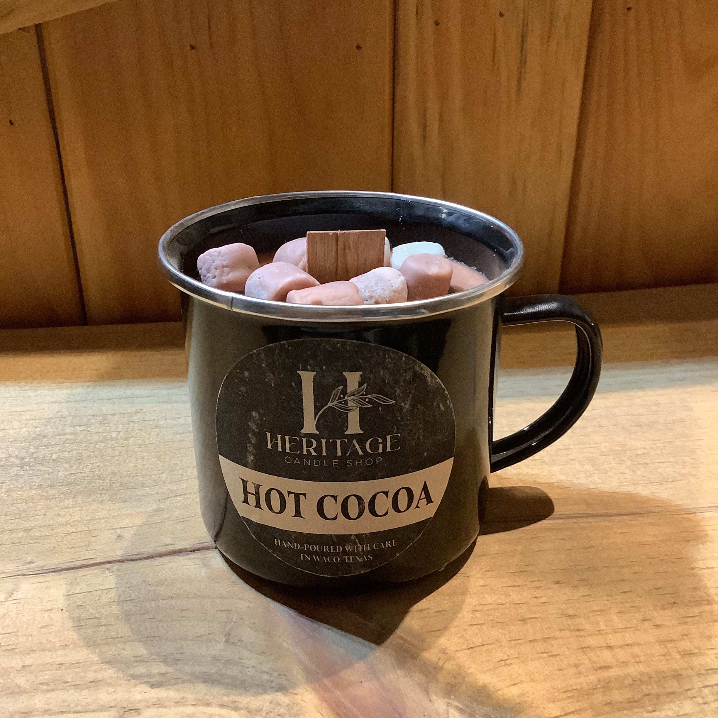 Heritage Candle Shop hot cocoa tin cup candle with marshmallows
