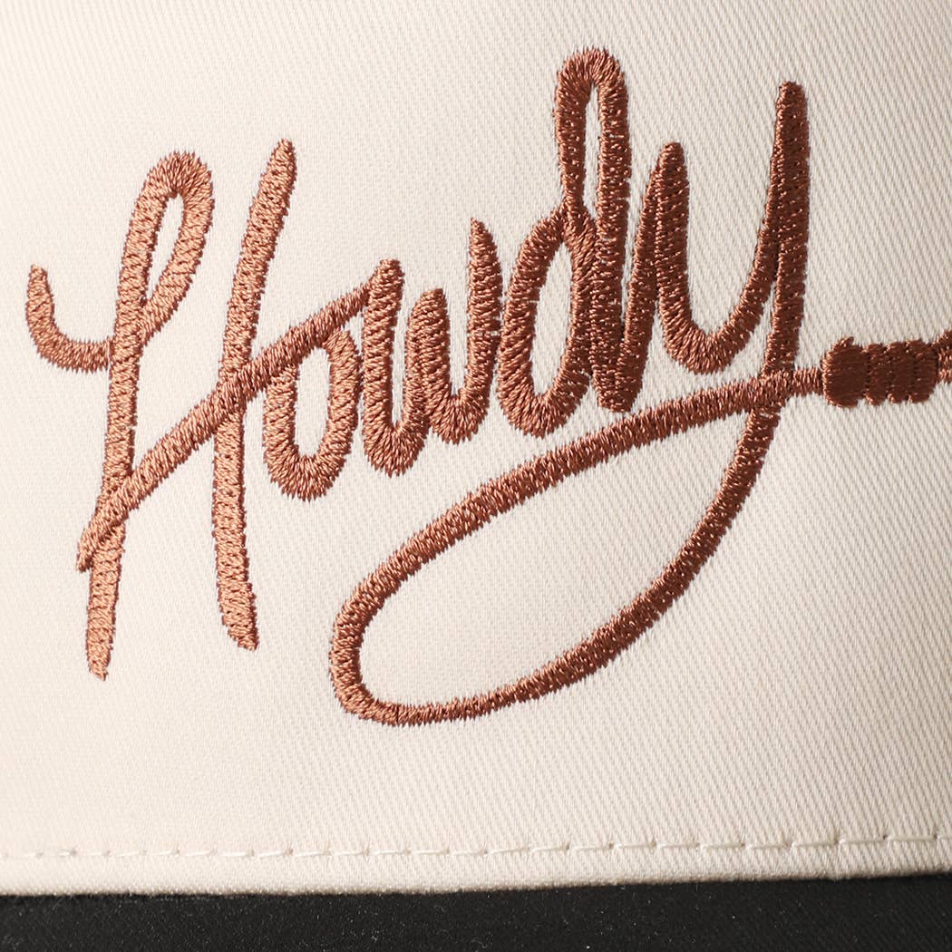 Howdy embroidered classic two-tone trucker hat style detail