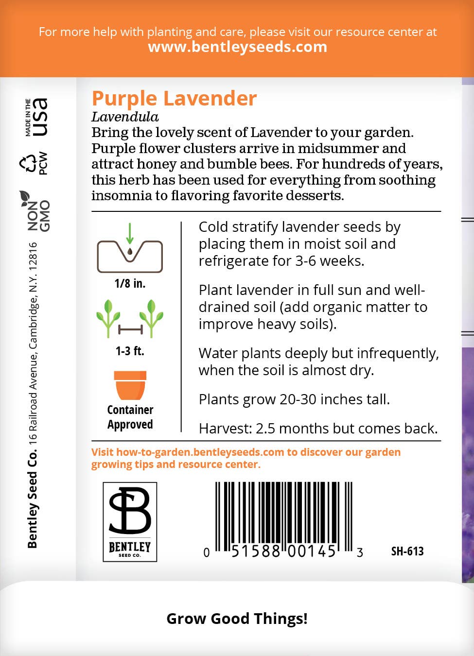 Lavender plant seeds with purple flower detail on packet