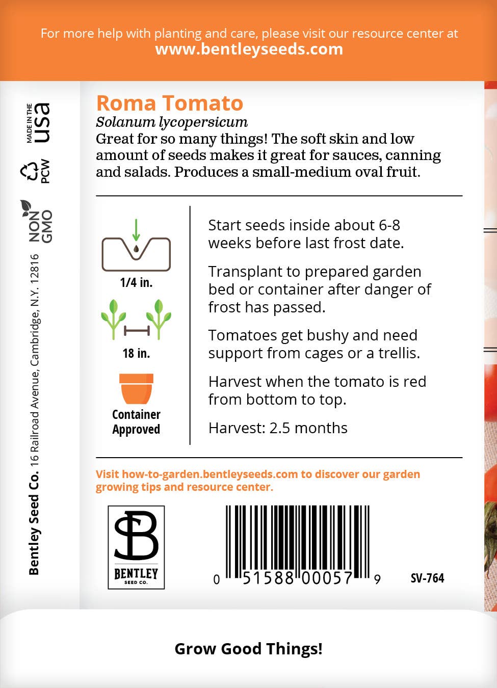 Roma Tomato seeds packet back with growing details