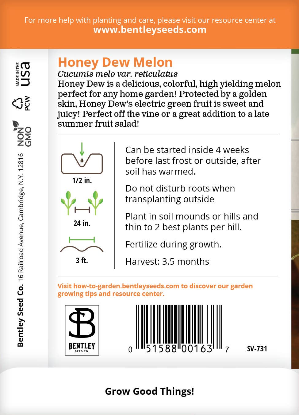 Honey Dew Melon seed packet back with growing details