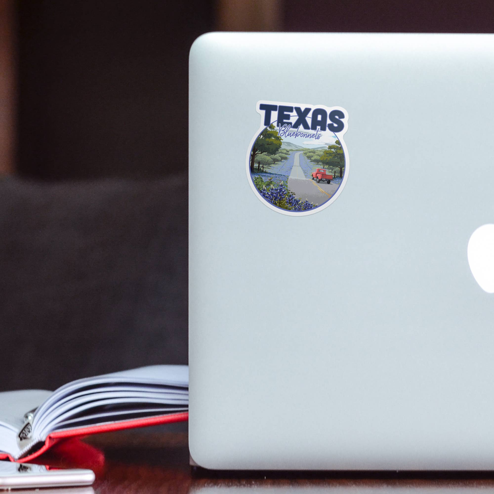 DIE CUT STICKER Texas, Bluebonnets & Highway, Circle