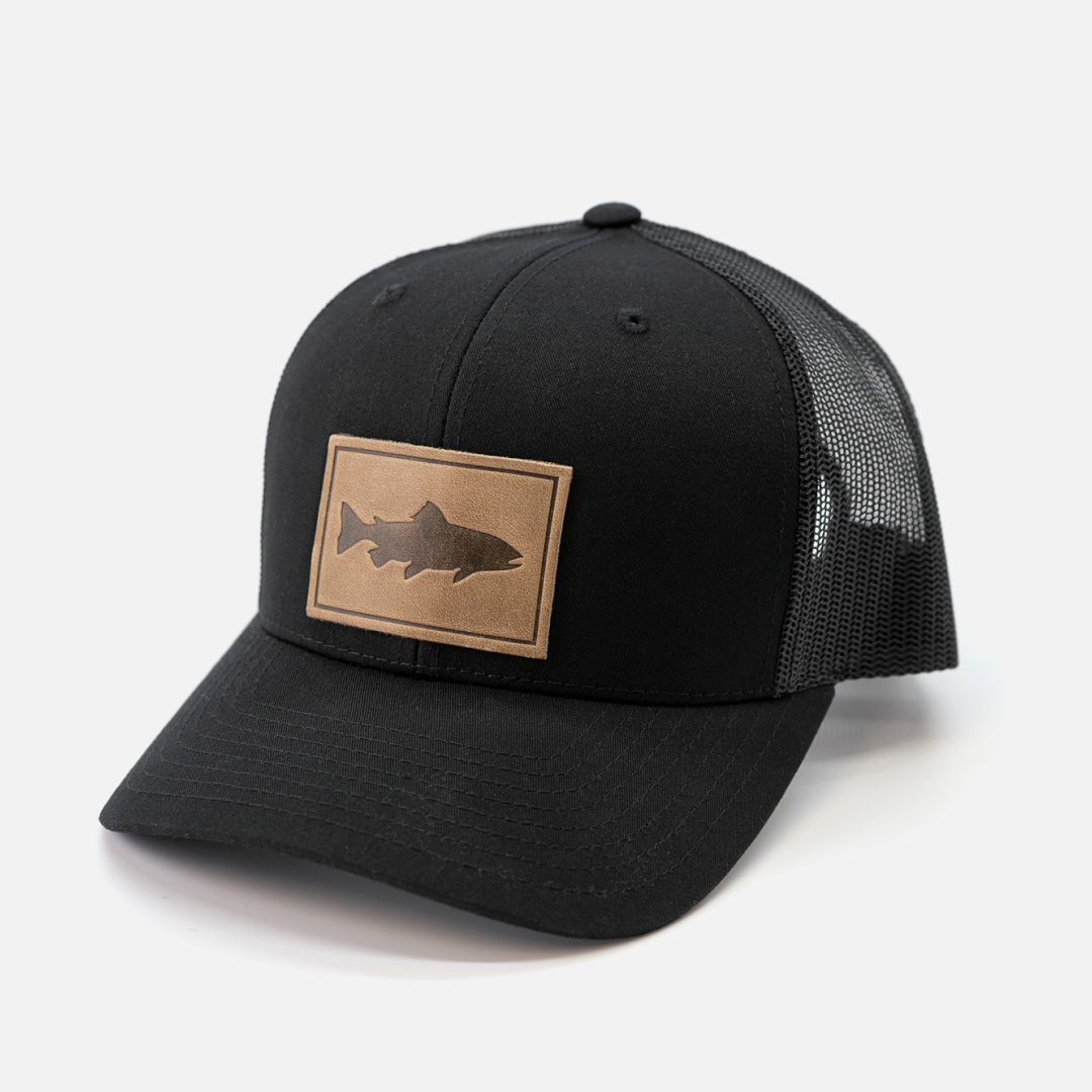 Trout leather patch trucker cap front view