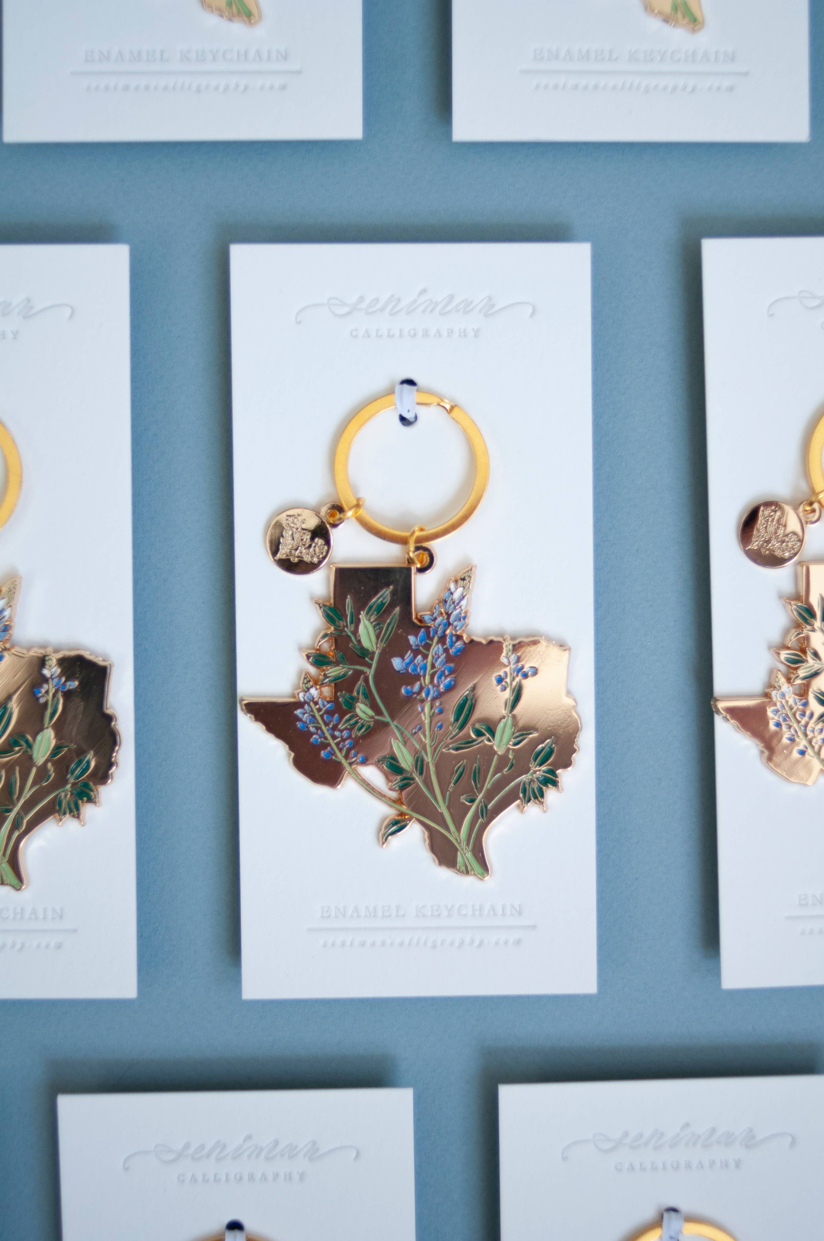 Gold Texas Bluebonnet soft enamel keychain back detail