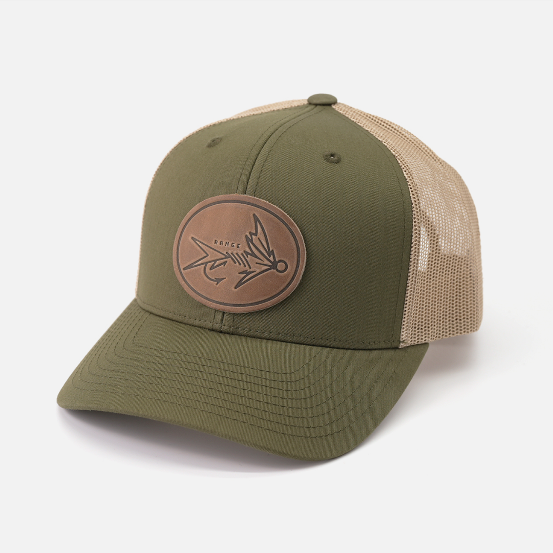 Range Fly Icon leather patch trucker cap side view