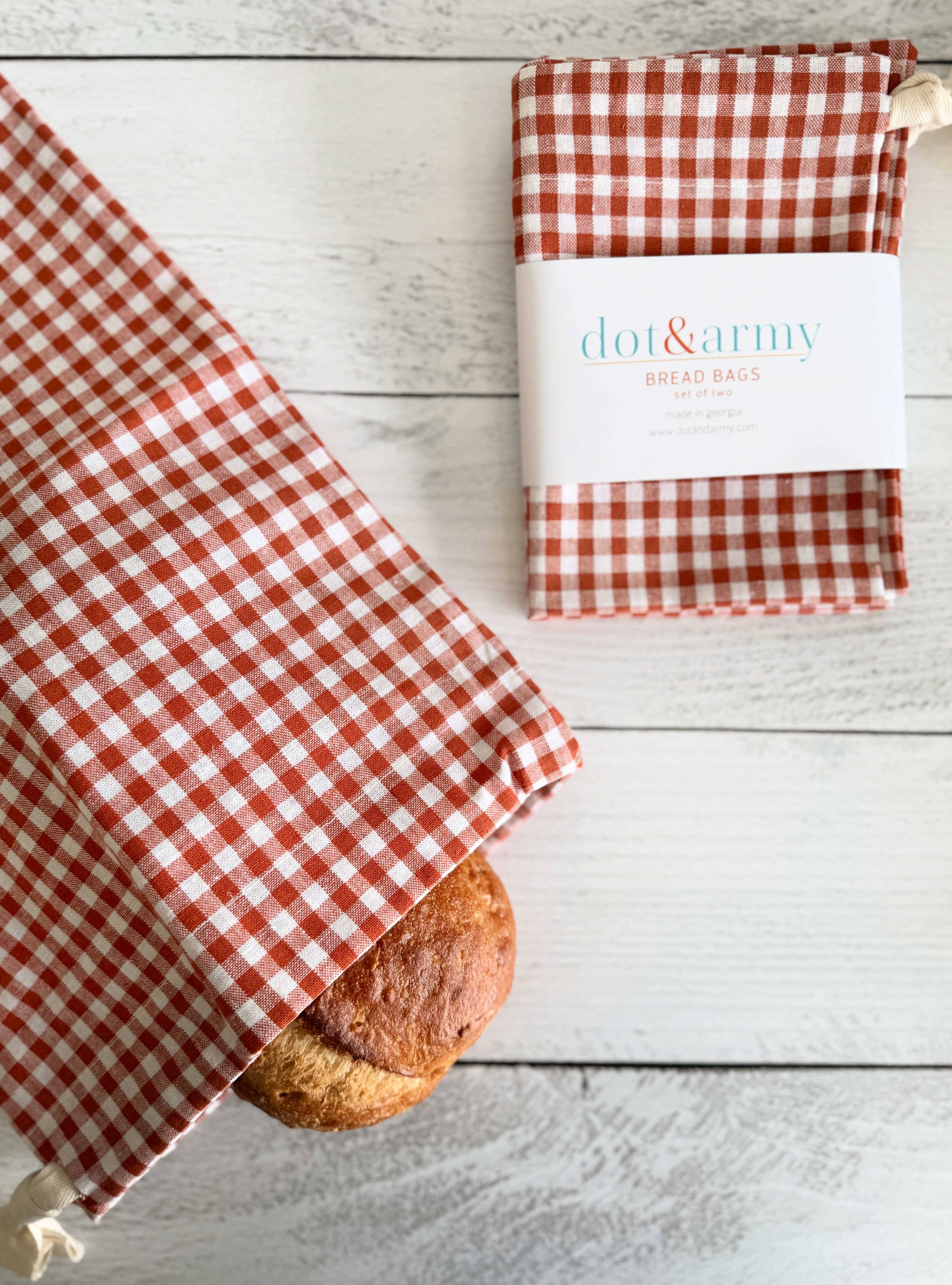 Linen Bread Bags, set of two- Papaya Check