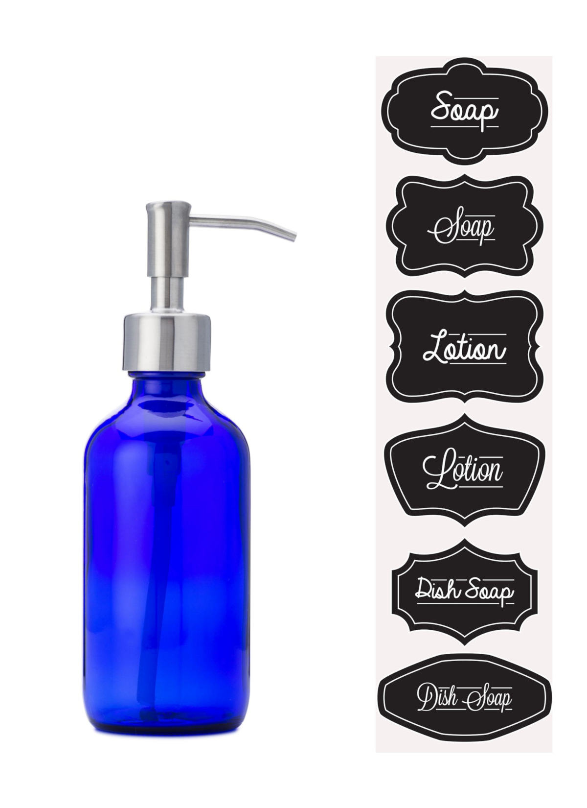 Cobalt glass 8oz bottle soap dispenser with stainless steel pump