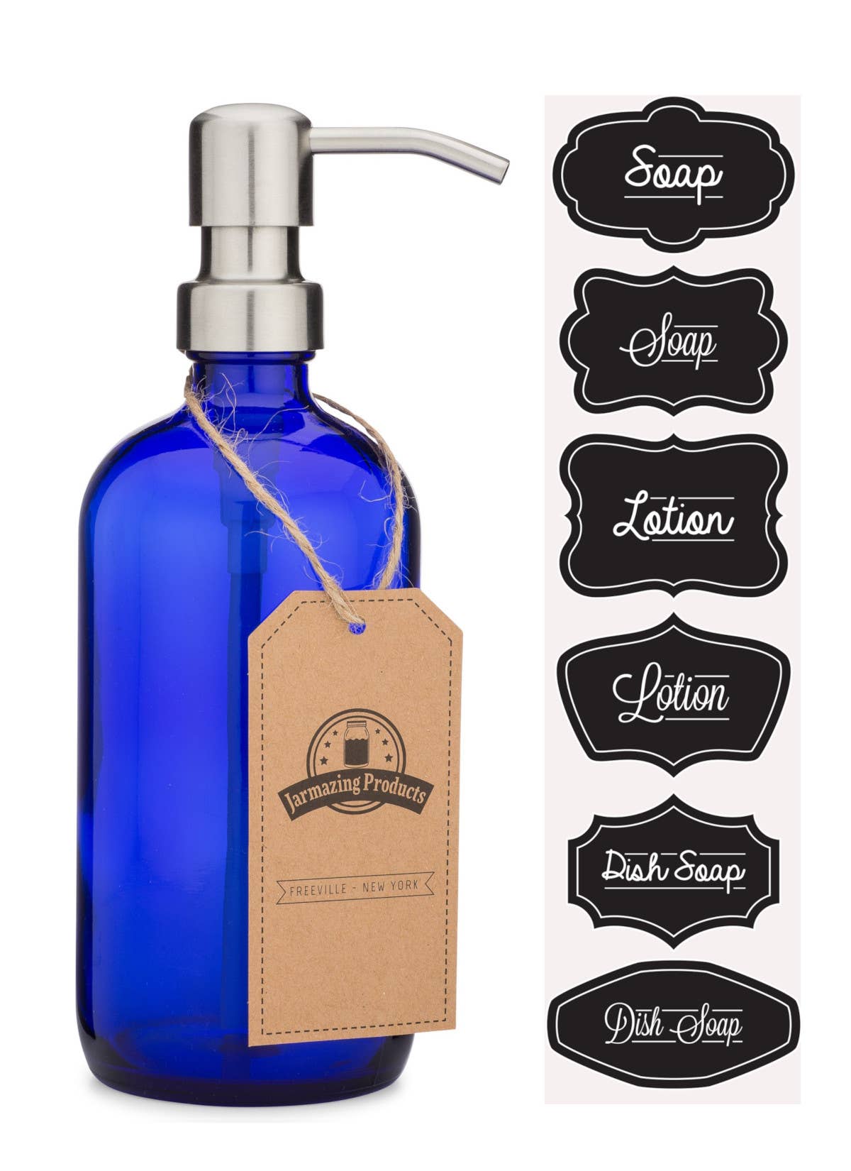 Cobalt blue glass soap dispenser on counter