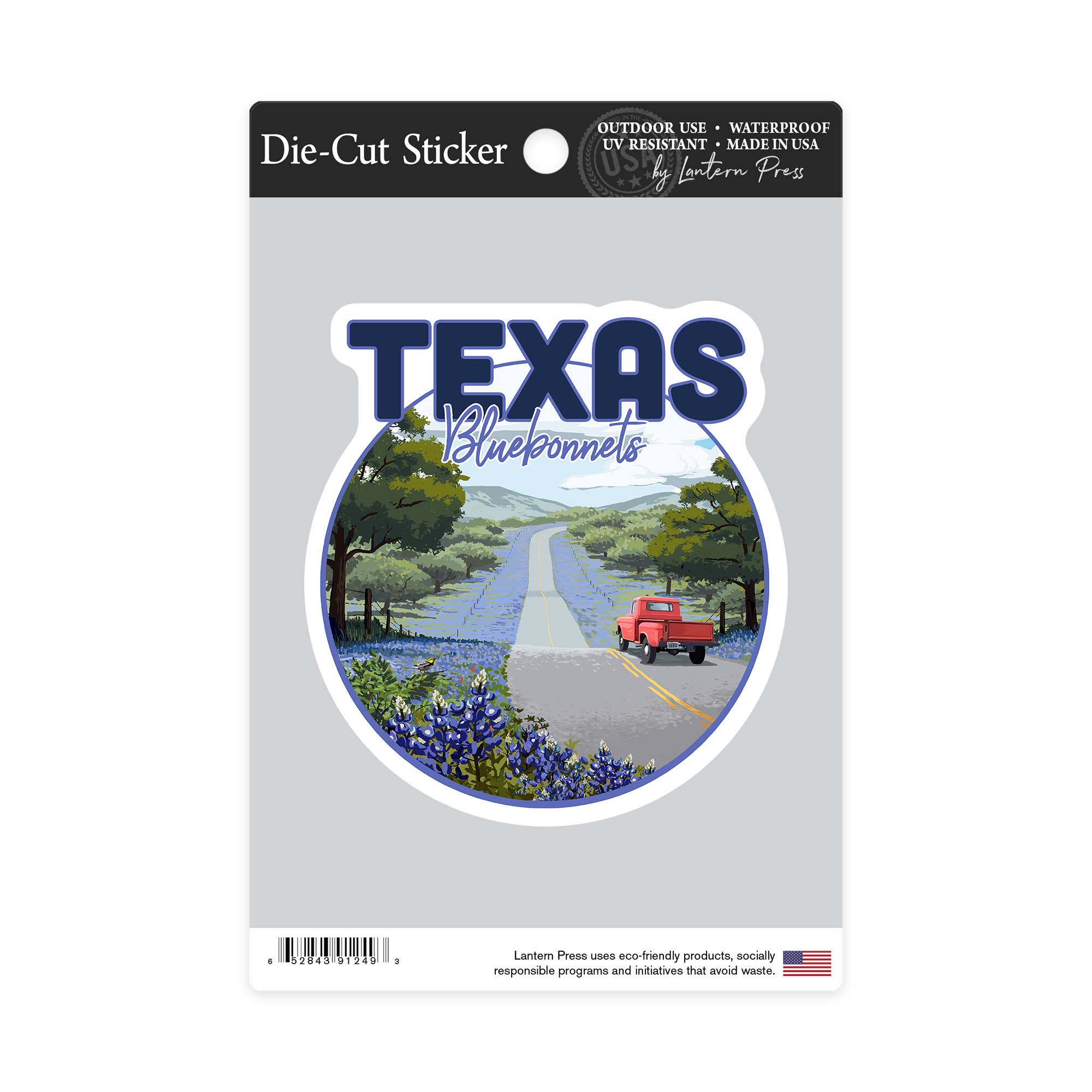 DIE CUT STICKER Texas, Bluebonnets & Highway, Circle