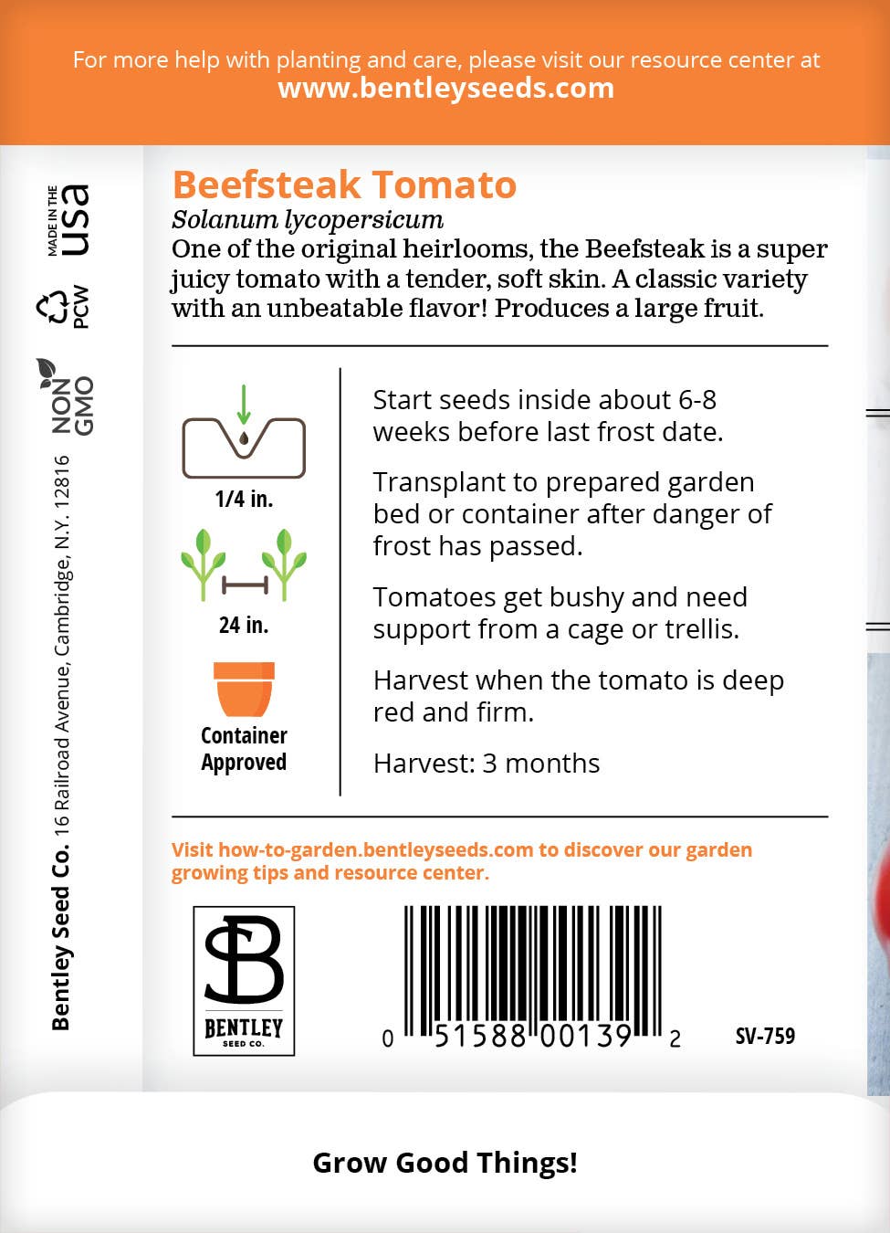 Beefsteak Tomato seeds packet with ripe tomato image