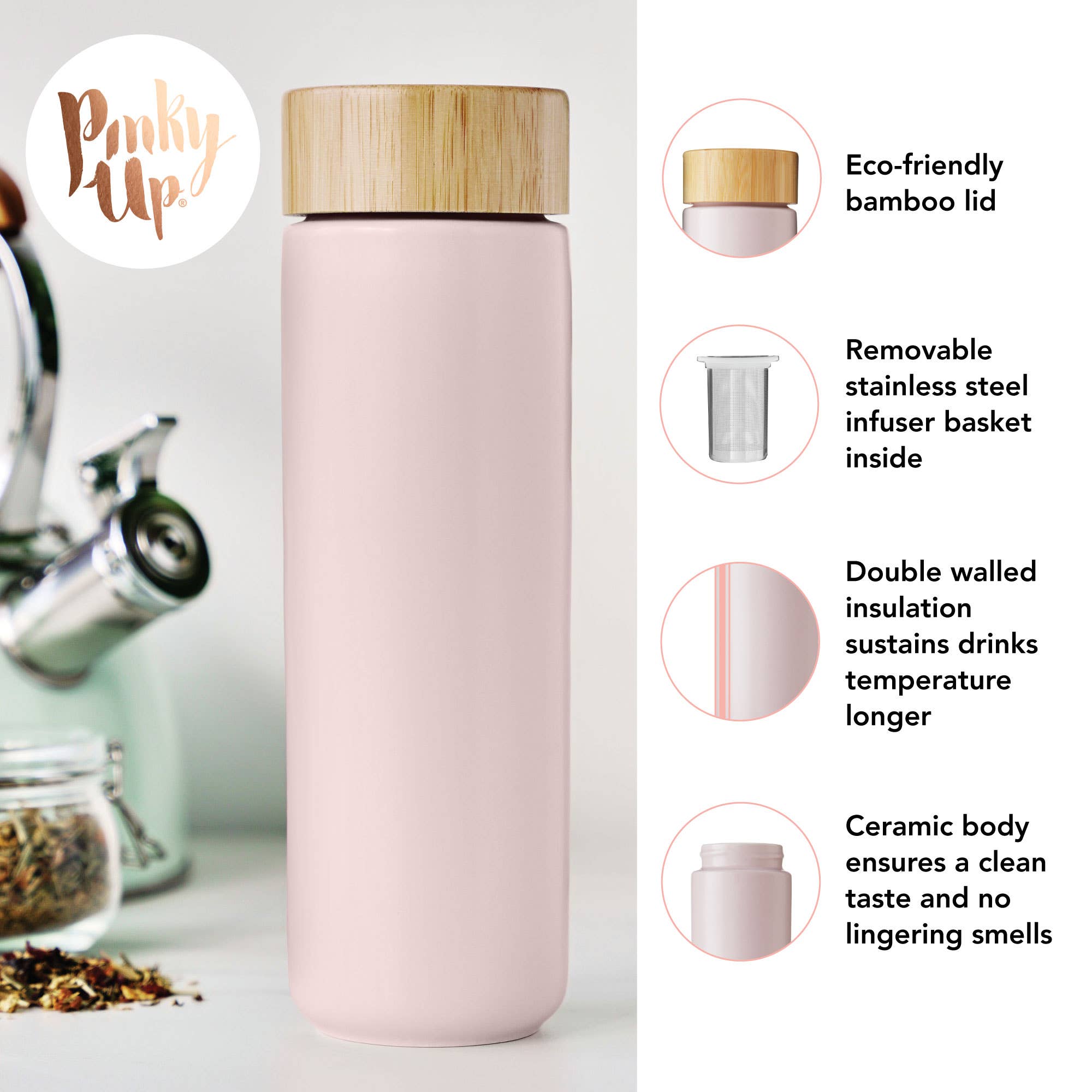 Tatyana Ceramic Travel Mug in Lavender showing infuser