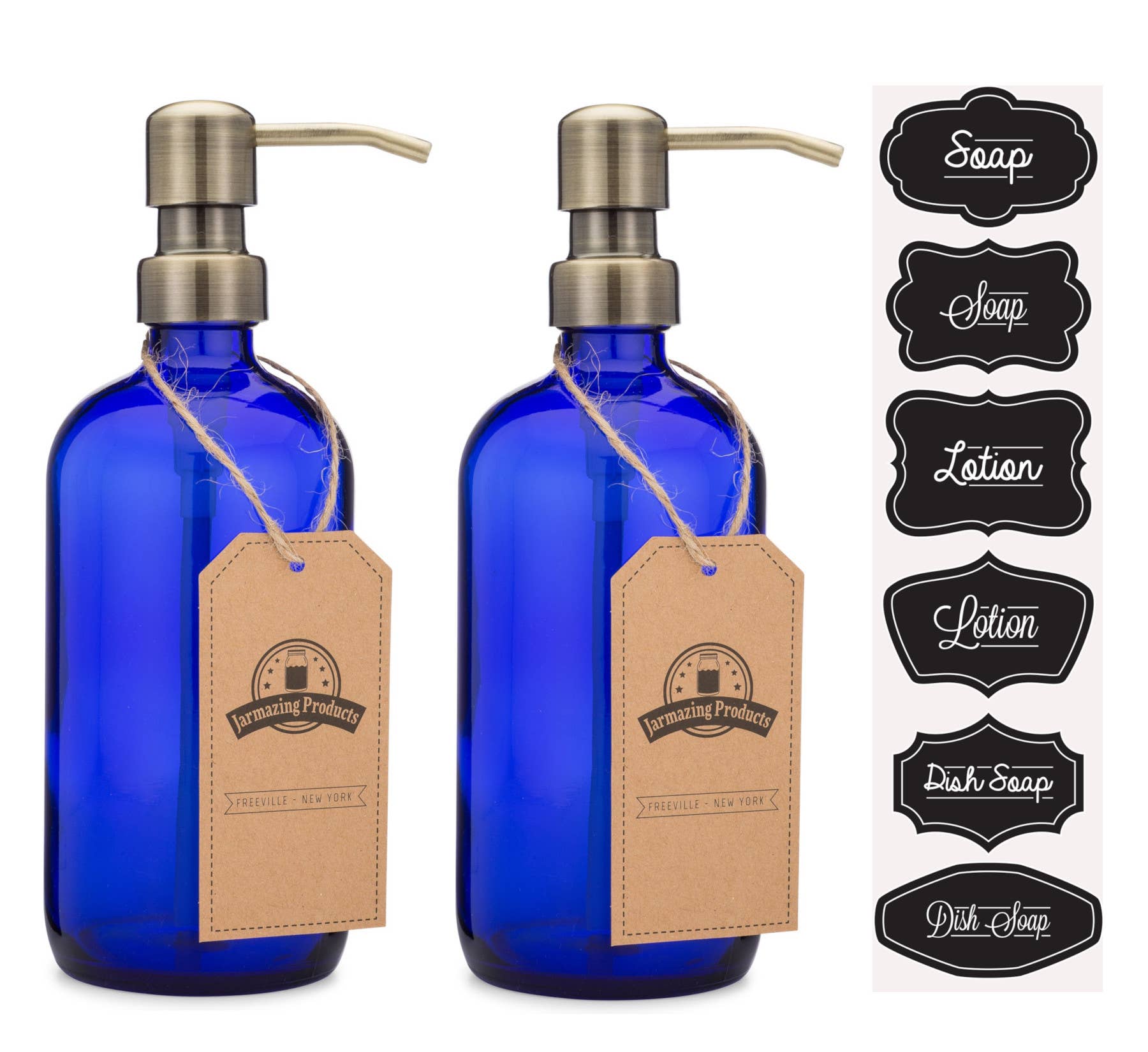 Cobalt glass 16oz dispenser label detail