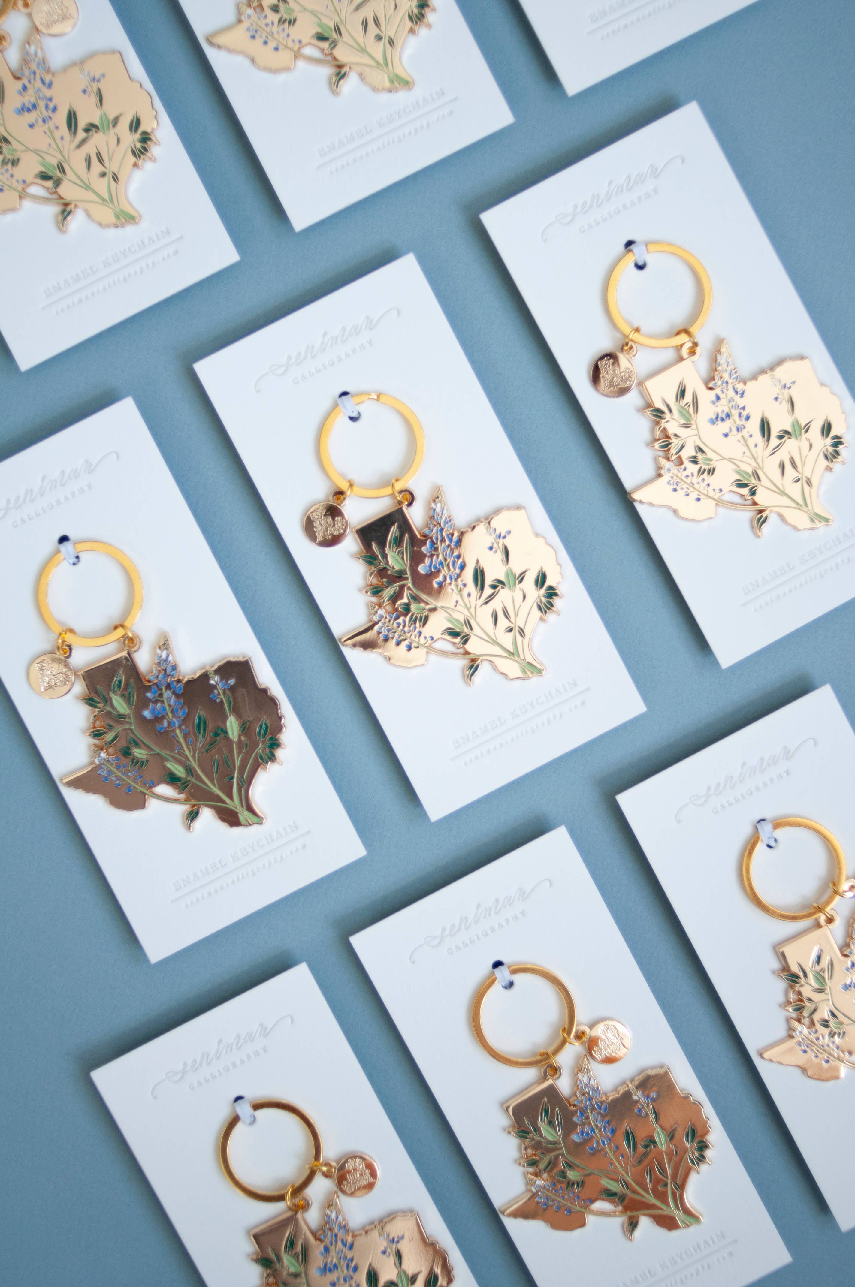 Gold Texas Bluebonnet soft enamel keychain close-up