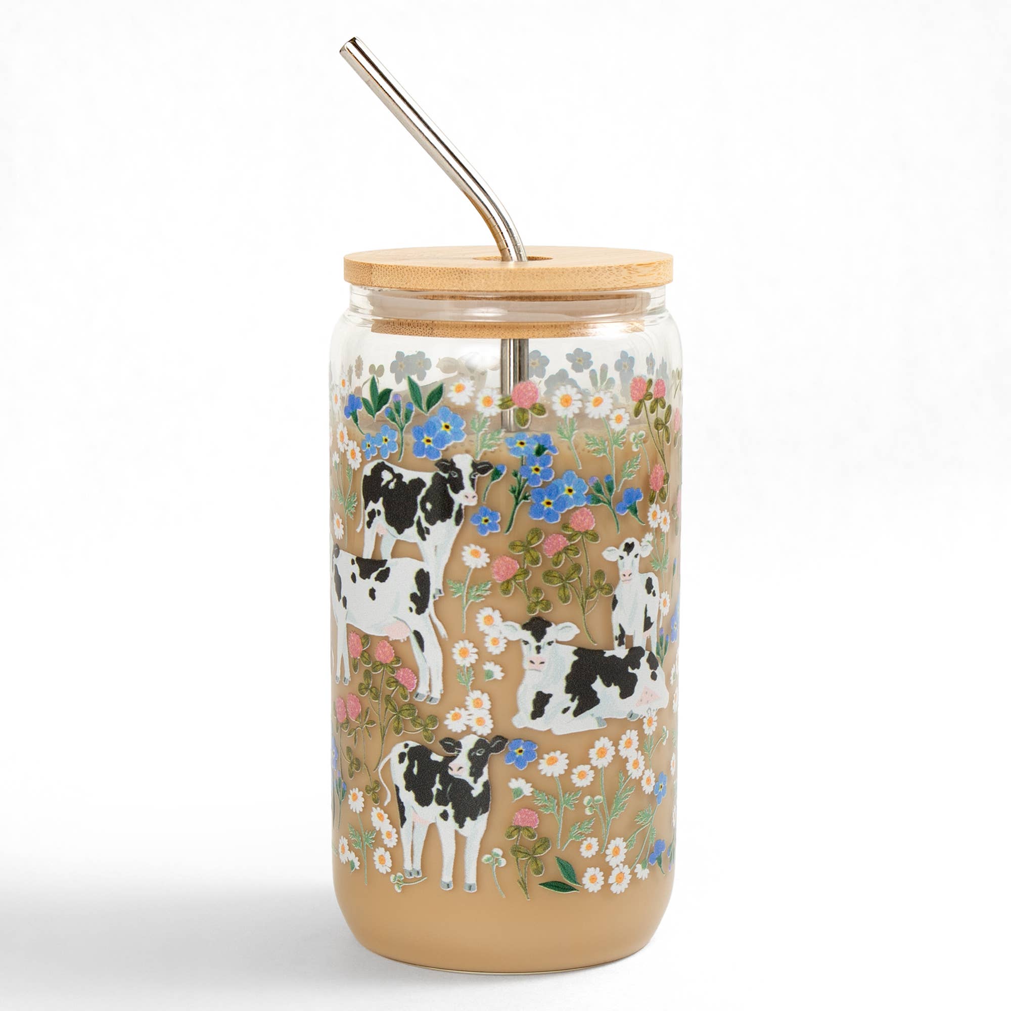 Milk Cows & Flowers Glass Can with cow and floral design