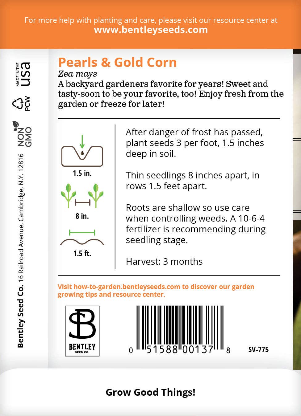 Pearls and Gold corn seed packet back with instructions
