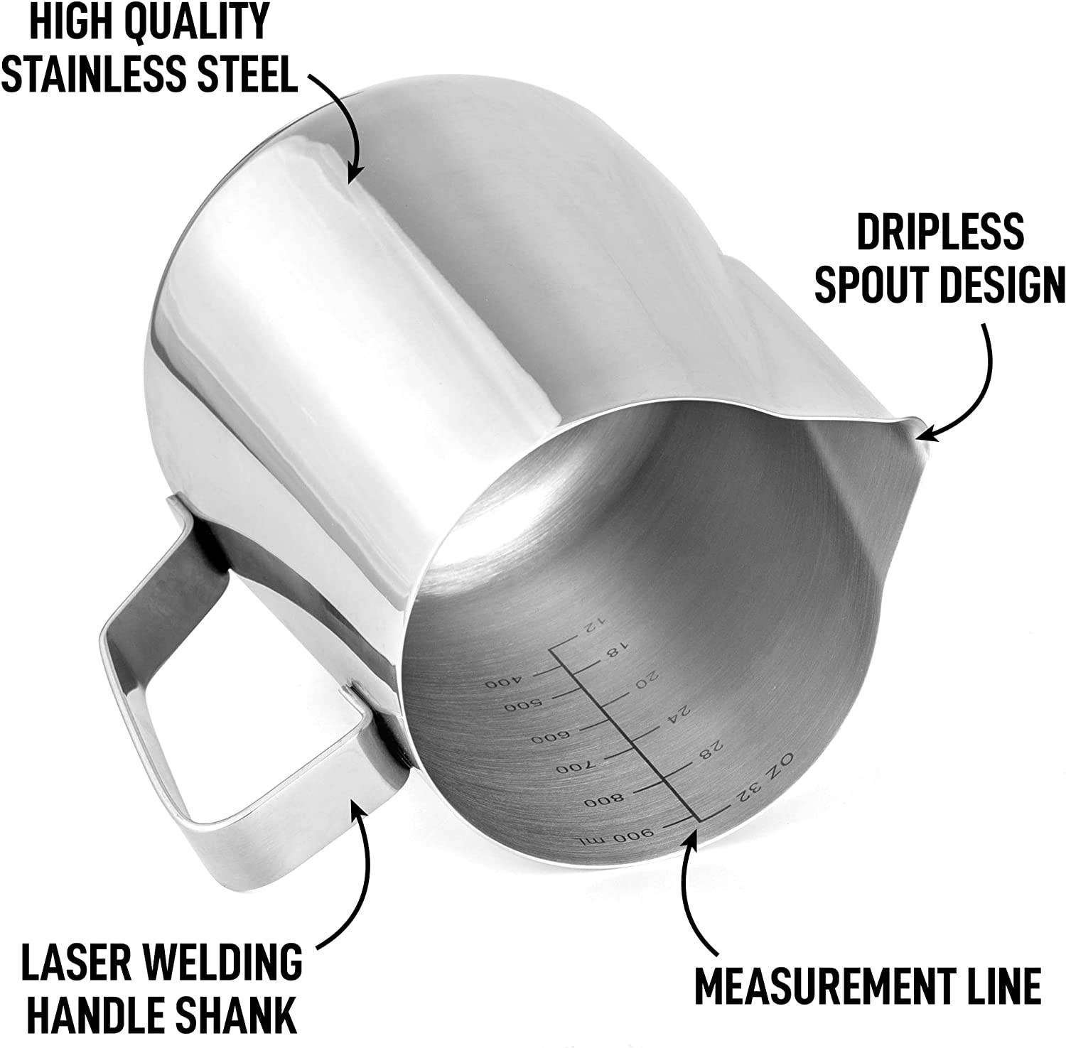 Stainless steel frothing pitcher on countertop